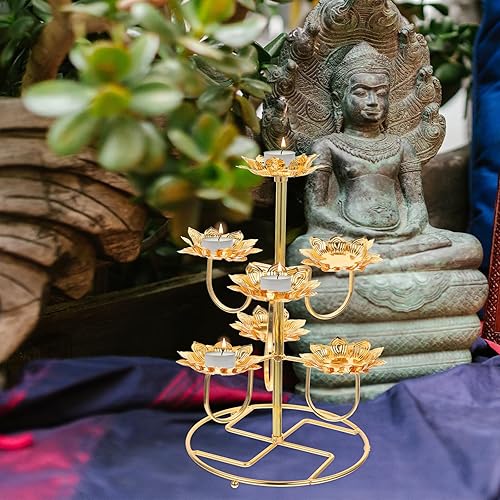 Miniatura 7 de HOMSFOU Lotus Ghee Lámpara Mantequilla Candelabro Budista Lámpara de aceite de latón Portavelas Votivo Candelabro para Altar Budista Suministros