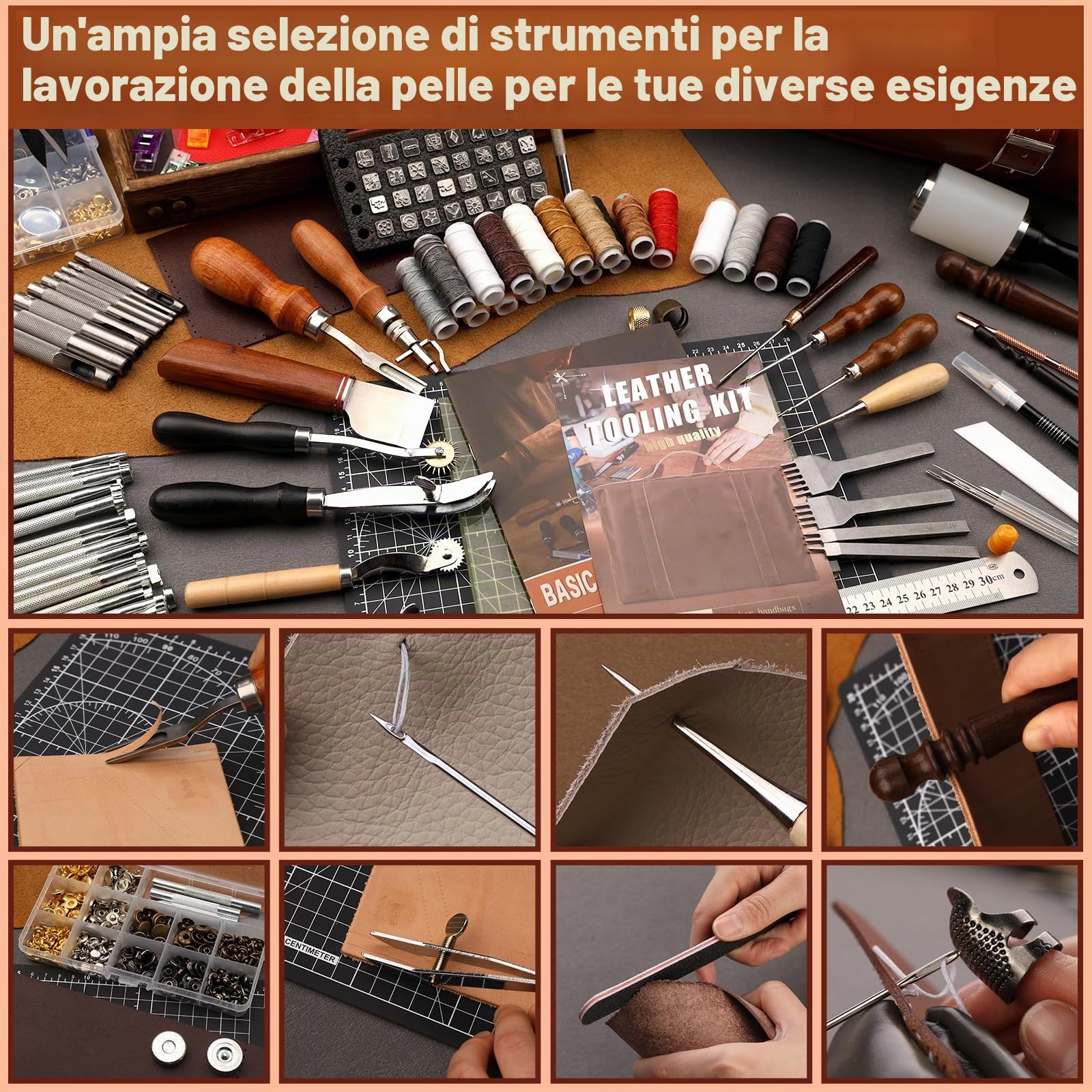 Benlay Set di attrezzi in pelle con borsa e utensili per artigianato, tappetino da taglio e utensili per lucidare pelle, cucito e intaglio