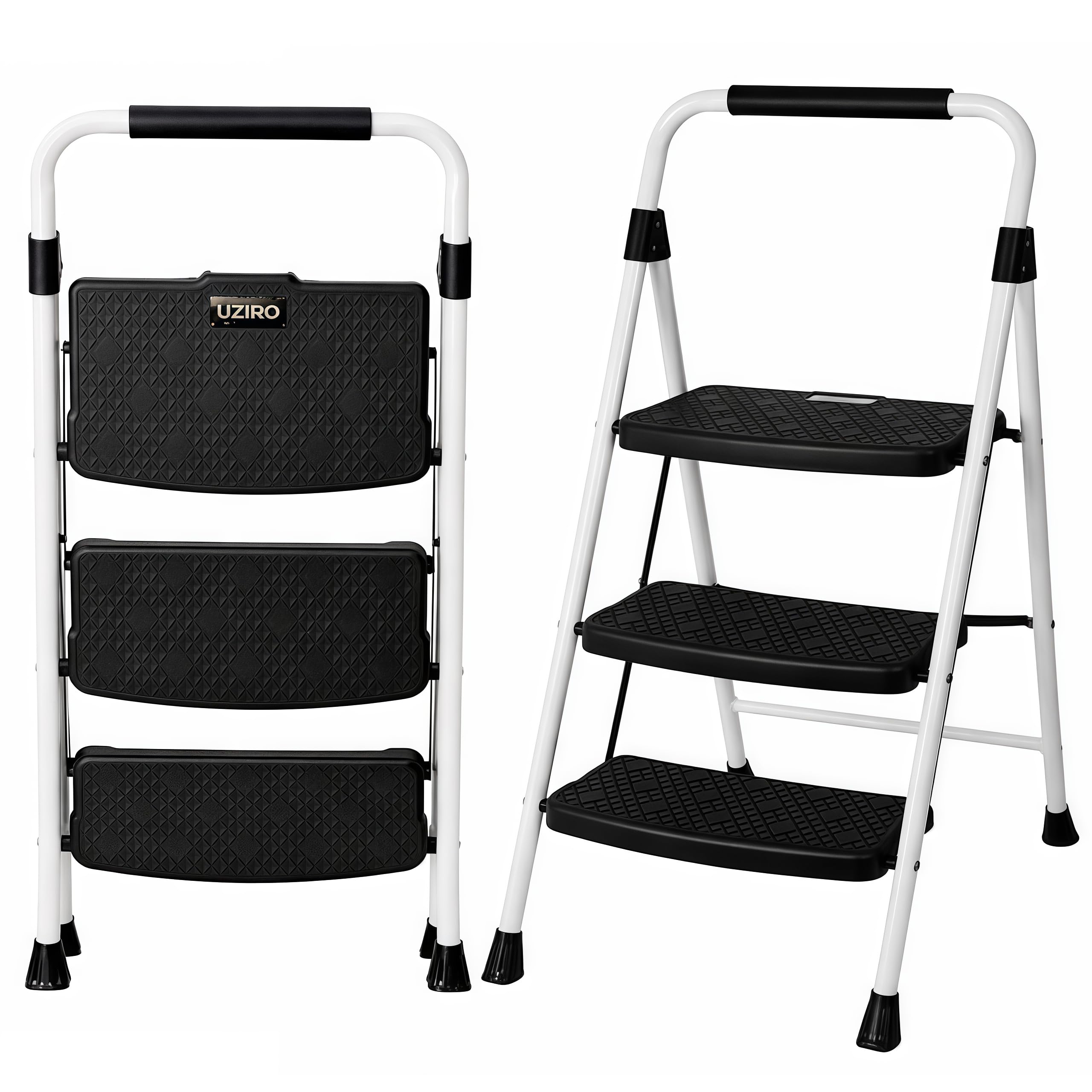 UZIRO Escalera Plegable 3 Peldaños, Estructura de Acero y Aluminio, Color Blanco, Peldaños Antideslizantes, Asa de Goma, para Hogar, Cocina, Oficina y Bricolaje