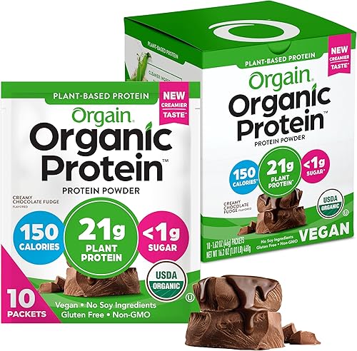 Orgain - Paquete de viaje de polvo de proteína a base de plantas orgánicas dulce de chocolate cremoso  021onzas  6 gramos de fibra sin lácteos