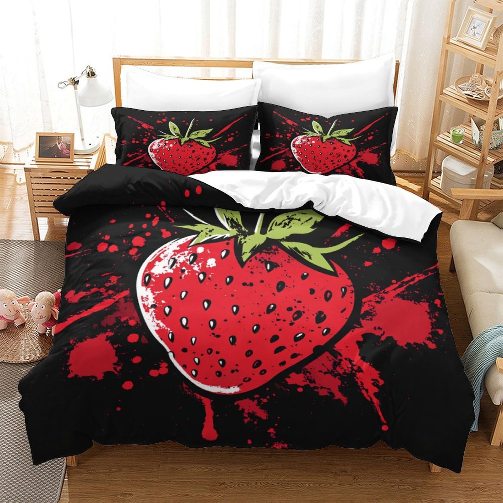 P1s9u7w5y Strawberry-1 3D Printed Artistic Strawberry Duvet Cover Set 3Pcs Microfiber Berry Design Bedding Set Super King（260X220cm）