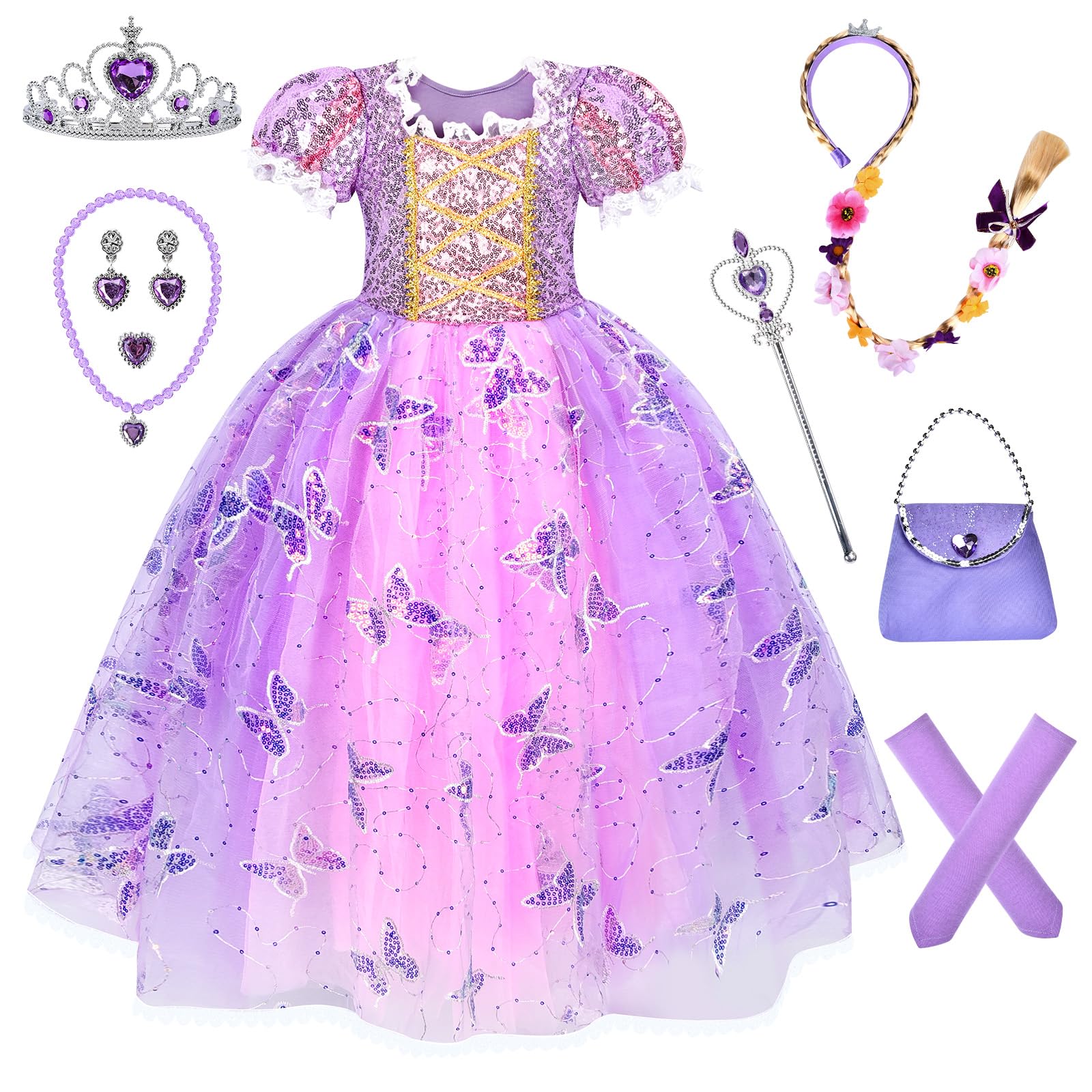 Herenear Disfraz Rapunzel Niña, Vestido Princesa para Niños de 3-12 Años, Niña Disfraz de Princesa con Accesorios Vestido de Princesa Tul Cumpleaños Fiesta Cosplay Navidad Carnaval Vestidos
