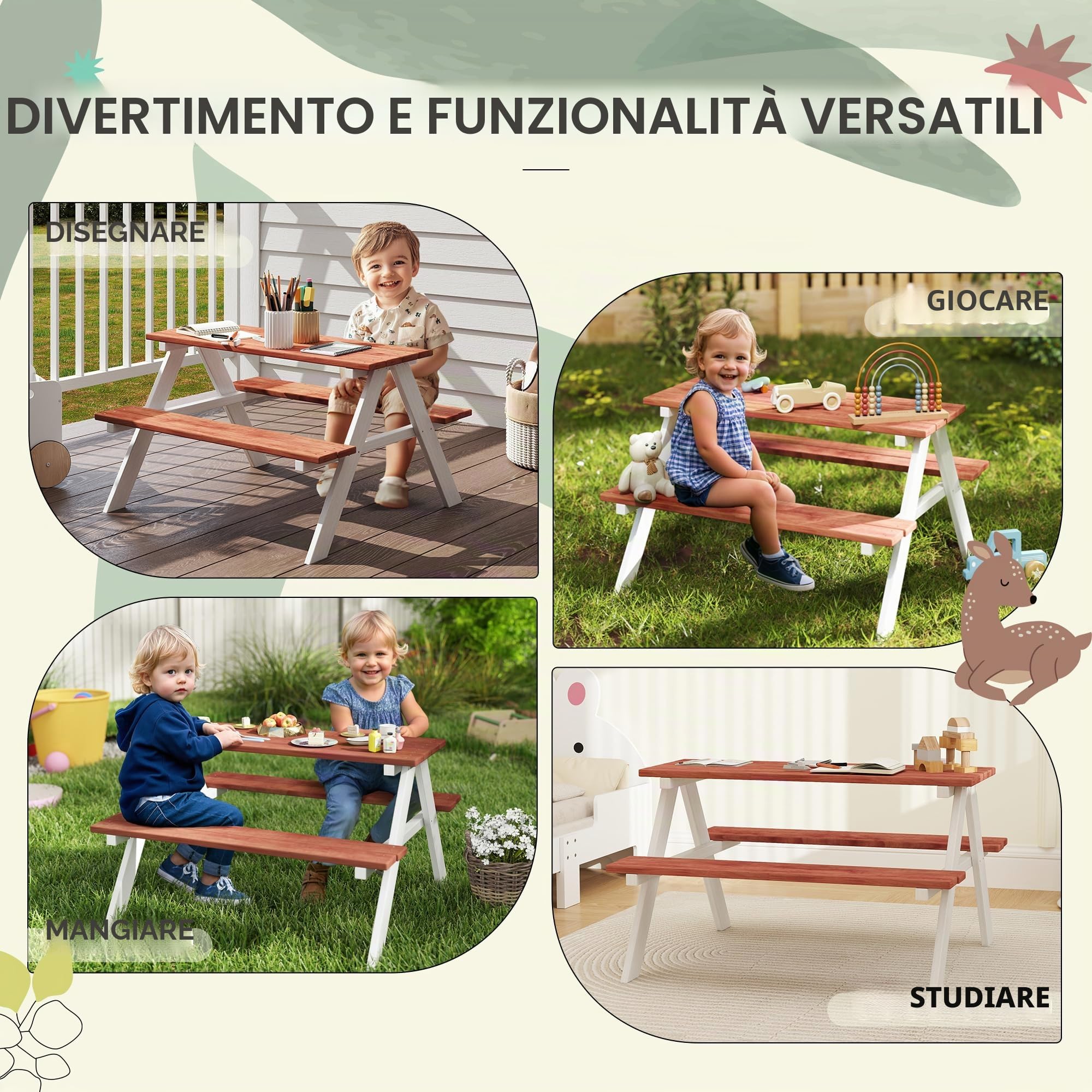Outsunny Set Tavolo da Picnic per Bambini, Tavolo e Panche in Legno, Mobili da Giardino per Bambini, Giochi da Esterno, Età 3-8 Anni, Marrone