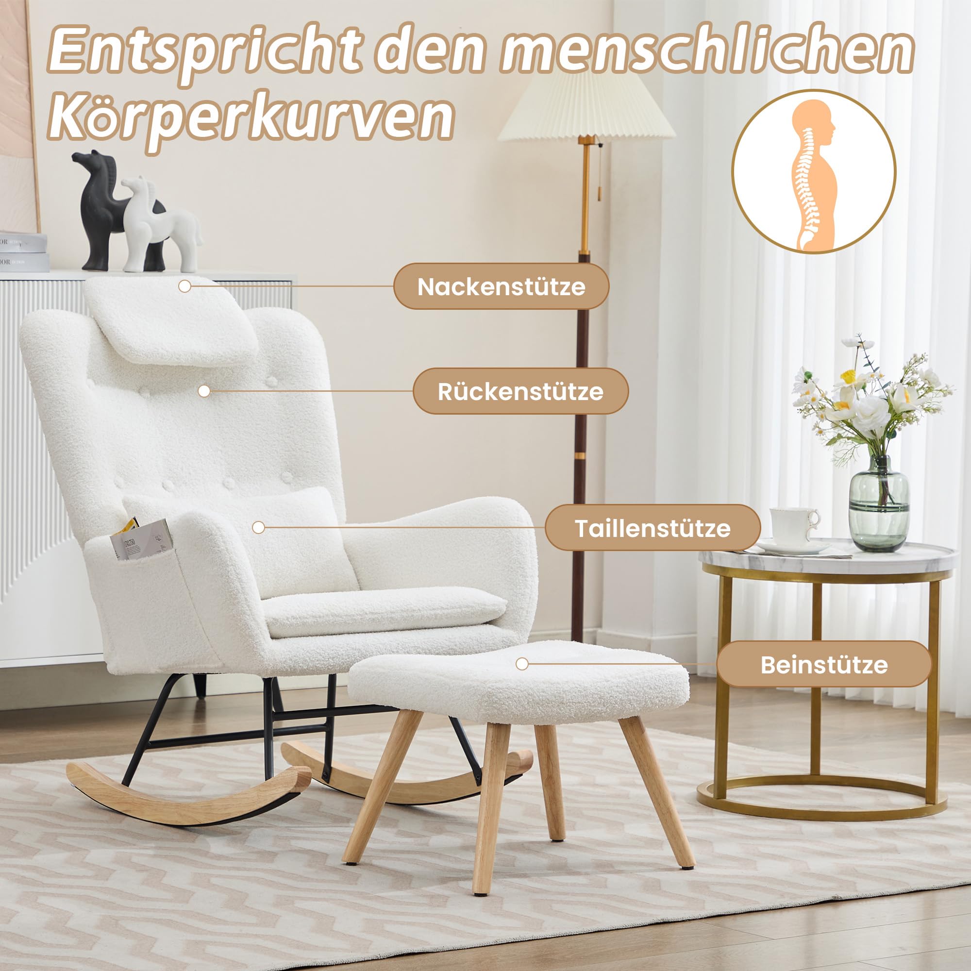 Merax Fauteuil à bascule avec tabouret - Chaise relax ergonomique en velours Teddy avec accoudoirs, coussins de nuque et lombaires - Pieds en bois - Charge maximale : 100 kg - Pour chambre à coucher