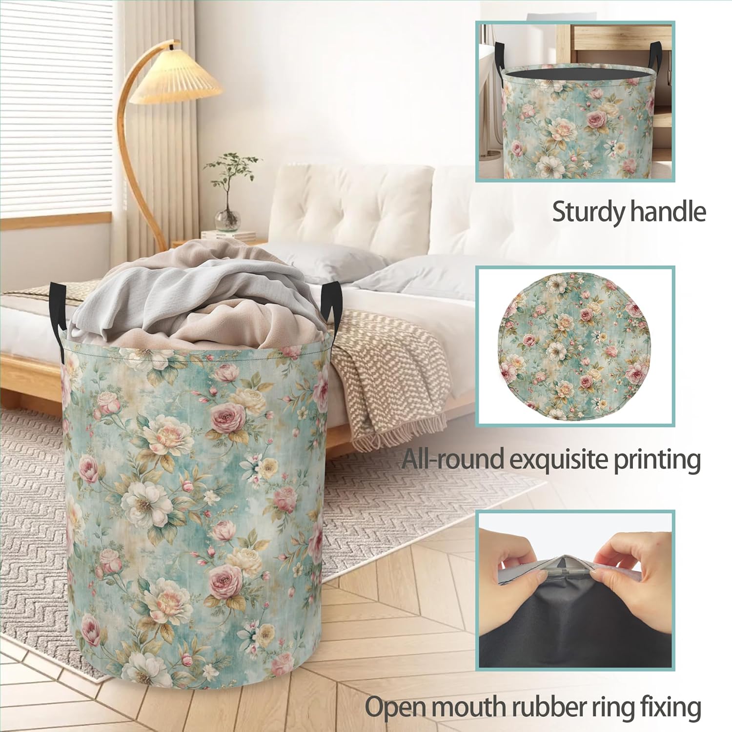 Laundry Hamper Foldable Oxford Cloth Vintage Flowers Laundry Basket With Handle Portable Clothes Storage Organizer Basket Storage Bag For Laundry Room/Bedroom/Bathroom