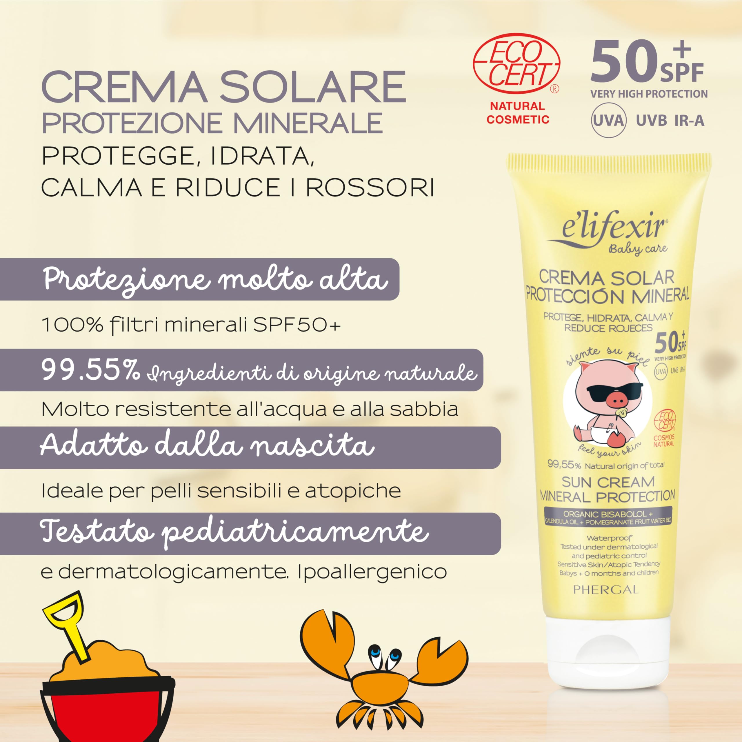Elifexir Baby Care - Crema Solare Minerale Bambini e Neonati | Protettore Solare UVA/UVB/IR-A SPF 50+ | Filtri 100% Minerali | 99% Ingredienti Naturali | Resistente all'Acqua | Viso e Corpo | 100 ml