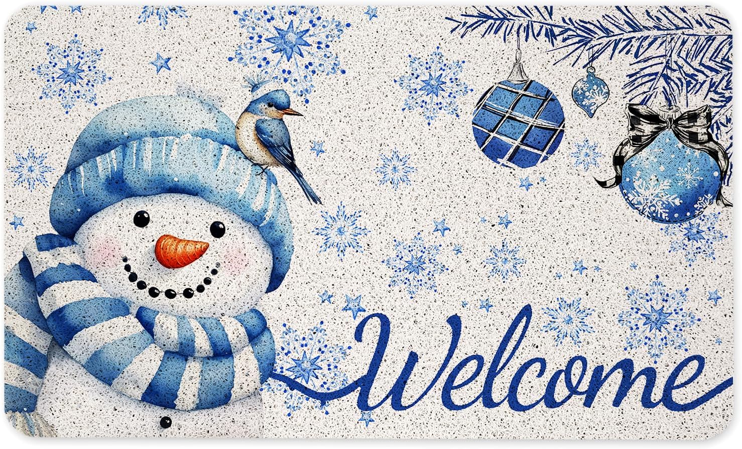 Blue Jay Snowman Christmas Welcome Mat, Winter Snowman Doormat for Front Door Indoor Outdoor Entrance Porch, Snowflake Winter Door Mat Outside, Christmas Bath Mats, 17x30 Inches