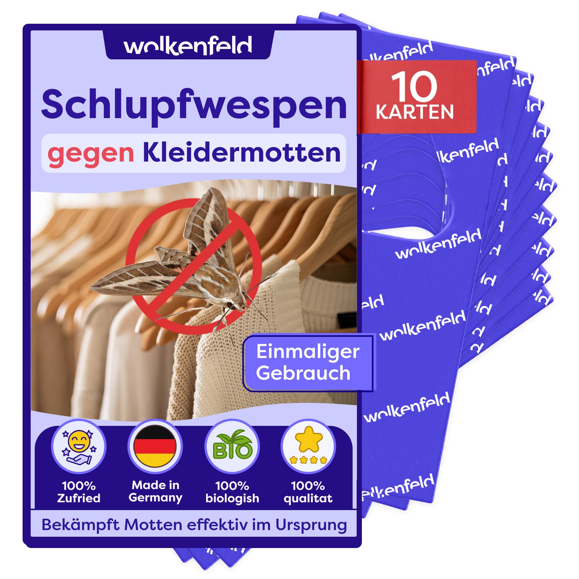 Wolkenfeld Schlupfwespen gegen Kleidermotten – 10 Karte à 1 Lieferungen – Effektive Bekämpfung von Kleider-Motten – Natürliche Alternative zu Mottenfallen, Mottenspray & Pheromonfallen