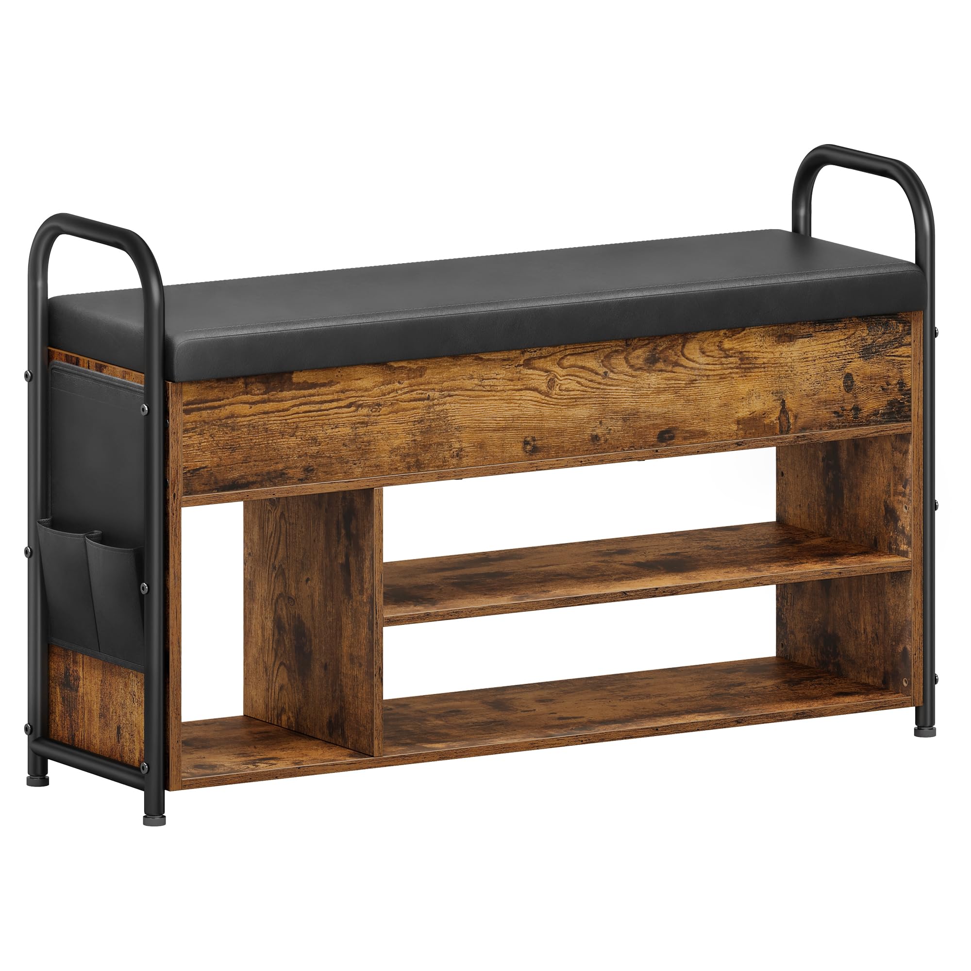 VASAGLE Shoe Storage Bench, Shoe Rack, Entryway Furniture, Inner Storage Under the Lid, PU Pockets, Convenient Handles, for Entryway, Living Room, Bedroom, Rustic Brown and Ink Black LSB152K02