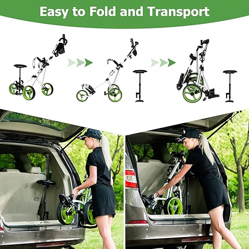Miniatura 7 de Tangkula Carrito de golf con asiento ligero plegable plegable de 3 ruedas carrito de golf con freno de pie soporte de paraguas ajustable y asiento