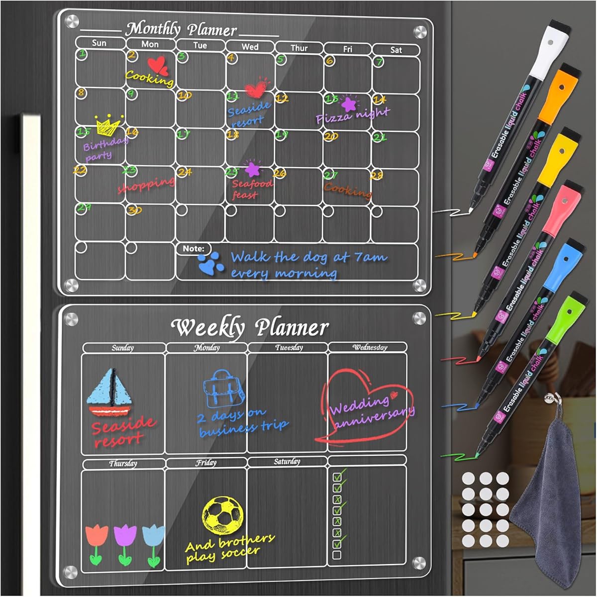 2 Pack Acrylic Magnetic Dry Erase Board for Fridge, Magnetic Calendar for Refrigerator with 6 Markers, Magnetic Acrylic Calendar for Fridge, Clear Planning Boards Fridge Calendar