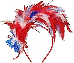 MWOOT 1920s Fascinator Feather Headband for Women, Vintage Feather Headband Red White Blue Artificial Flower Hair Accessories for Cocktail Wedding Tea Party Decoration