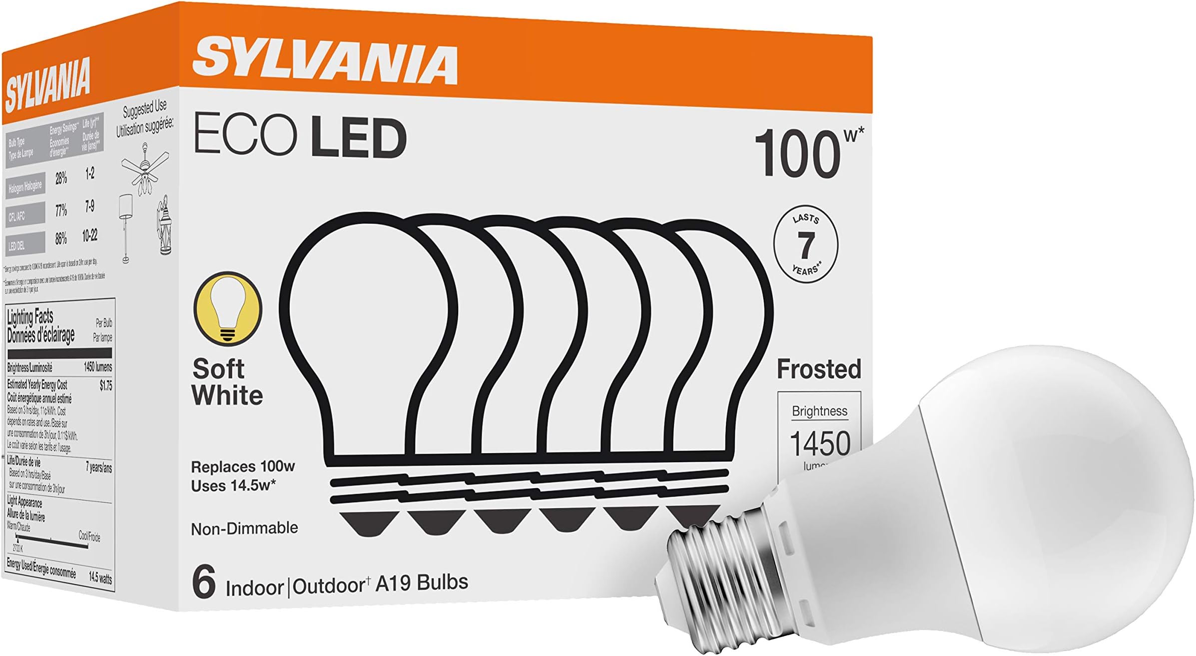 Sylvania LED A19 100W Equivalent, Efficient 14.5W, Soft White Color Temperature 2700K, 6 Pack