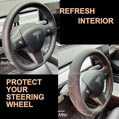 Miniatura 10 de PINCTROT Comfy Grip - Funda de volante para Tesla Model Y y Model 3, en forma de D de 14 pulgadas, tamaño pequeño, parte inferior plana con diseño