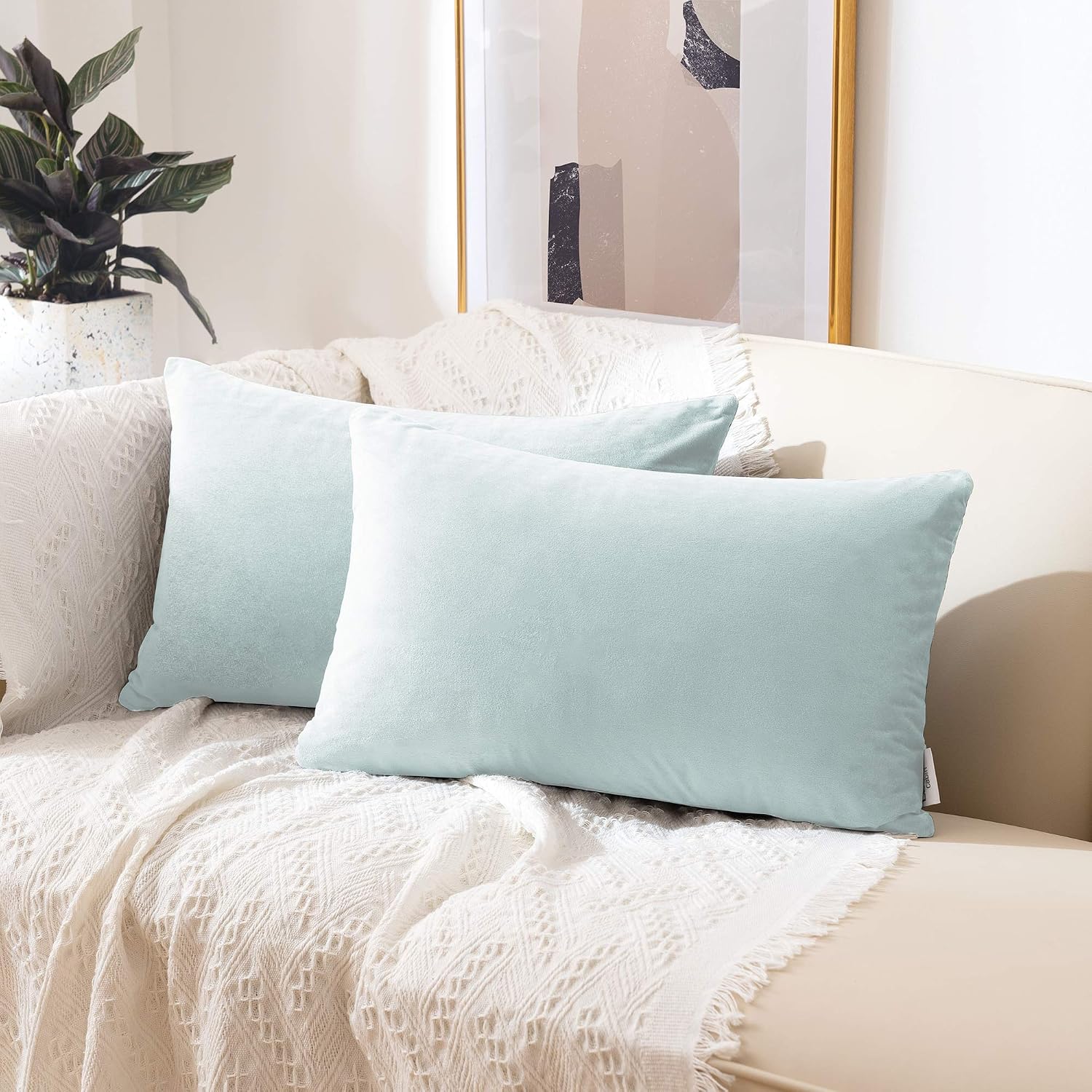 Love's cabin Velvet Lumbar Throw Pillow Covers 12X20 inch Decorative Pillow Covers for Living Room, Cushion Pillow Covers Set of 2 for Couch Sofa, Outdoor Pillow Covers with Hidden Zipper Light Blue