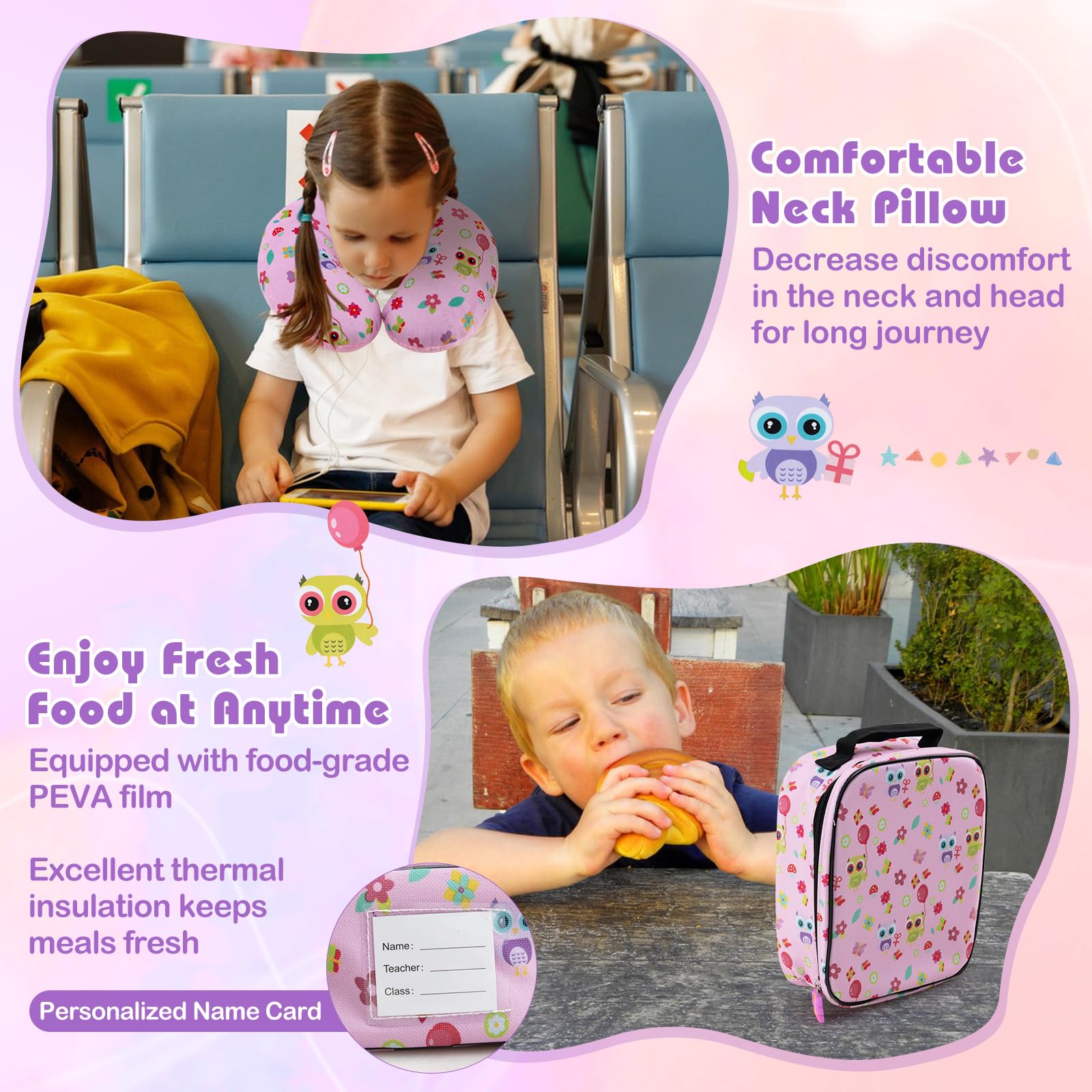 SOARS Set di 5 Pezzi Valigia 16’’ + Zaino 13’’ per Bambini, Bagagli 5-in-1 con Cuscino per Collo, Borsetta da Pranzo e Etichetta, Trolley con Maniglia Telescopica e Ruote Universali (Rosa Gufo)