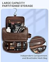 Vista 3 de Elviros Neceser para hombre, de piel sintética, organizador de viaje con gancho para colgar, gran resistencia al agua, bolsas de afeitado para baño