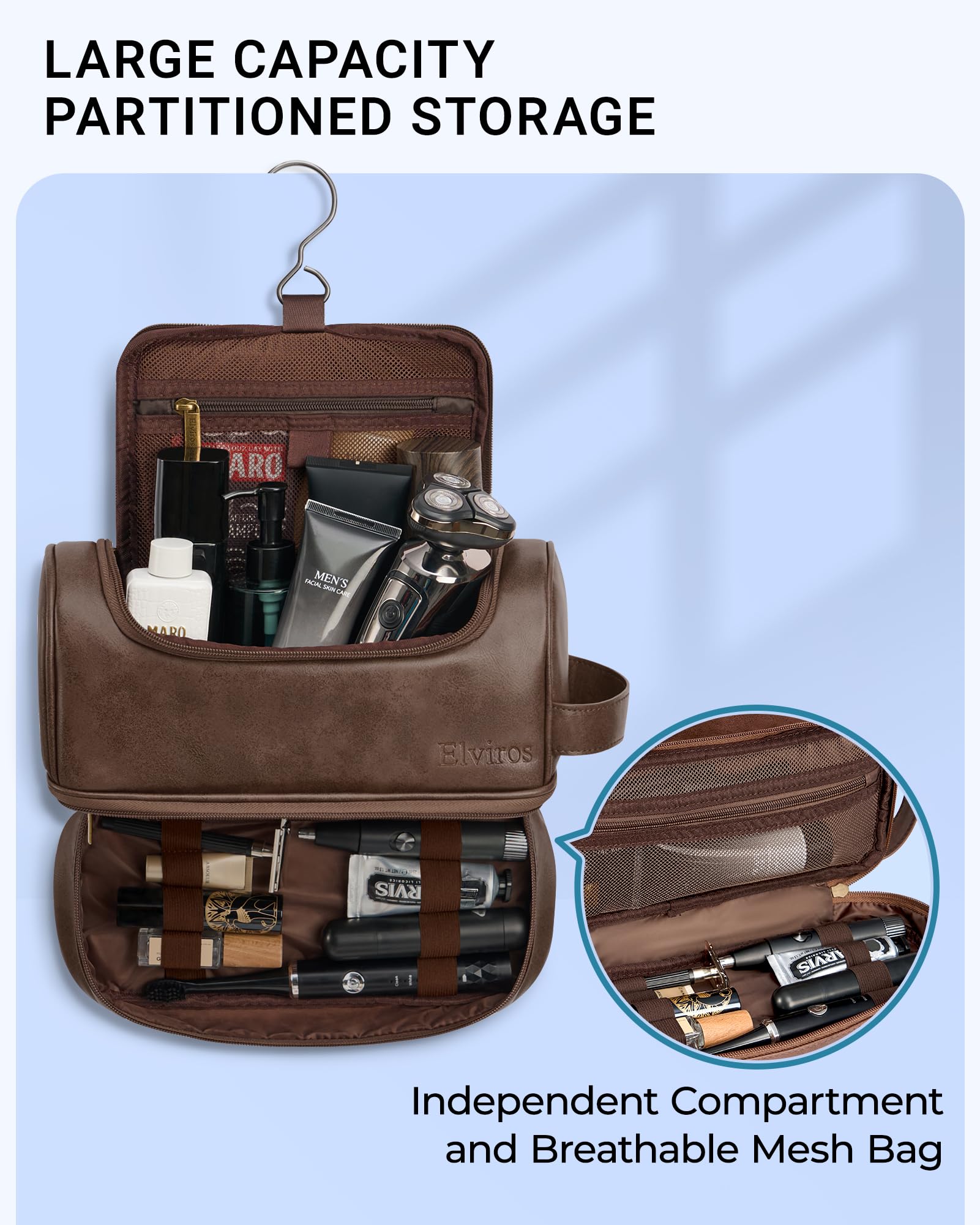 Elviros Beauty case da uomo in pelle PU, organizer da viaggio con gancio per appenderlo, grande borsa da toeletta resistente all'acqua (caffè)