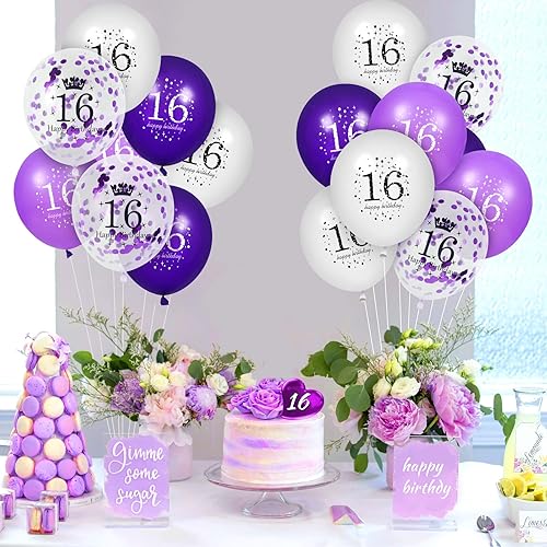 Miniatura 3 de Decoraciones de globos de cumpleaños morados de 16, 16 globos de látex de confeti de cumpleaños morado y blanco para niñas y niños, fiesta de feliz