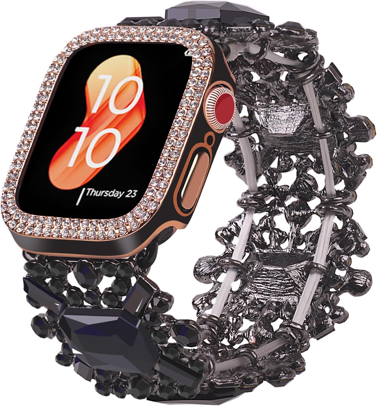 Bling Band with Case Compatible with Apple Watch Bands Series 9 8 7 SE 45mm 44mm 40mm 38mm 41mm 42mm for Women, Smart Watch Bracelet Straps with Starlight Cover, Pearl Dressy Cute Elastic Diamond Wristband for iWatch bands 6 5 4 3 2