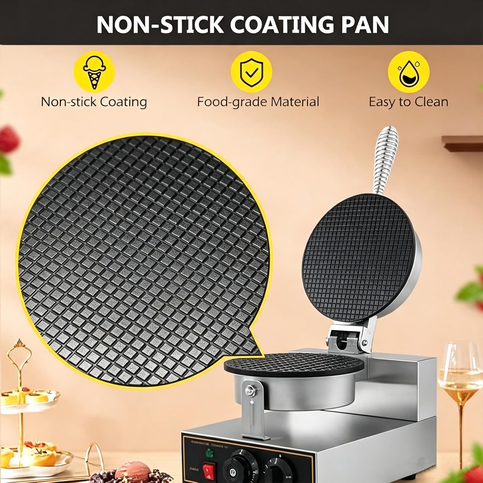 Máquina para Conos de Waffle y Rollos de Huevo de 1200W con Temporizador | Calentamiento de doble cara, placa antiadherente, apagado automático, acero inoxidable para uso en el hogar y en cafeterías