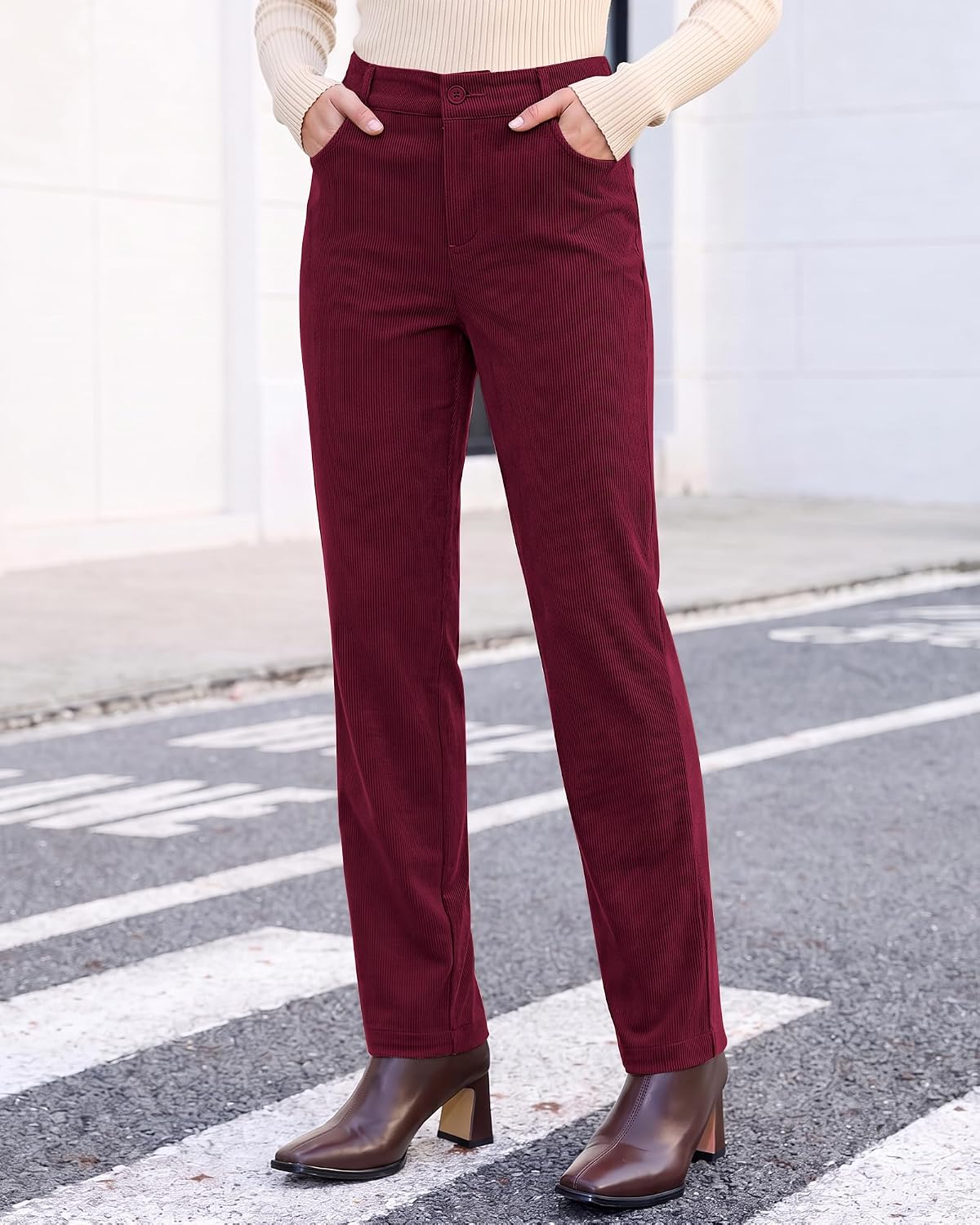 Vetinee Corduroy Pants for Women Elastic High Waisted Straight Leg Trousers