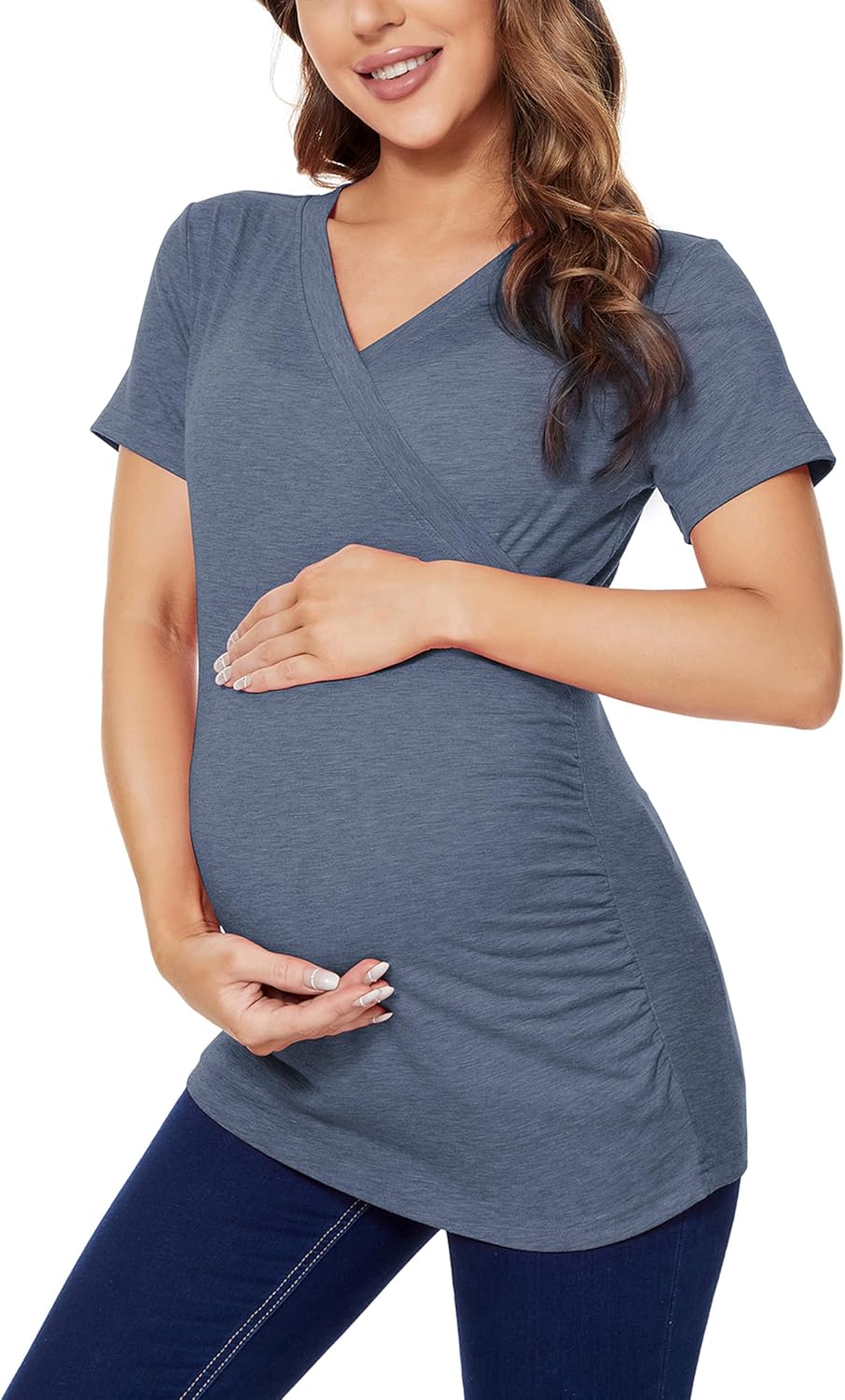 Liu & Qu Women's Maternity Nursing Tops, Layered Wrap for Breastfeeding, V-Neck Short Sleeve Tee Shirts 3 Packs
