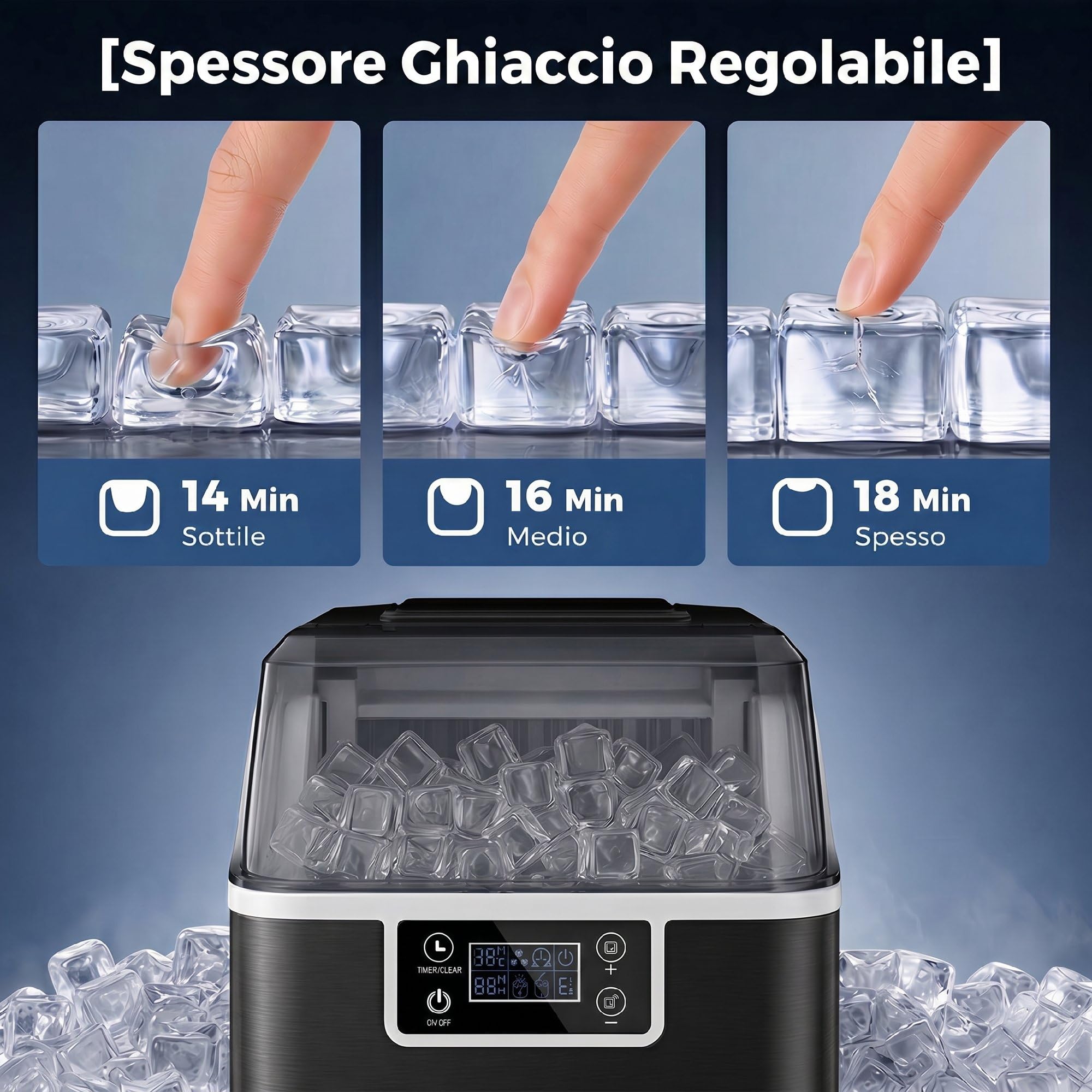 HOMCOM Macchina Ghiaccio 20kg in 24 Ore, Riempimento Manuale o con Bottiglia, 24 Cubetti in 14-18 Minuti con Paletta, Dimensione Regolabile, Serbatoio 3.2L e Sistema Autopulente, Nero