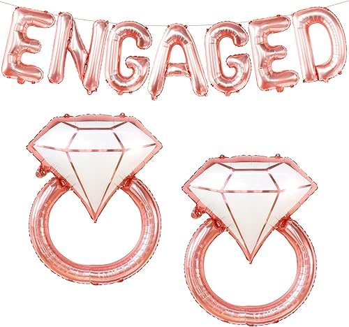 Miniatura 1 de KatchOn, Letras de globos de compromiso de oro rosa con globo de anillo de diamantes, paquete de 2 | Globos de compromiso de oro rosa para