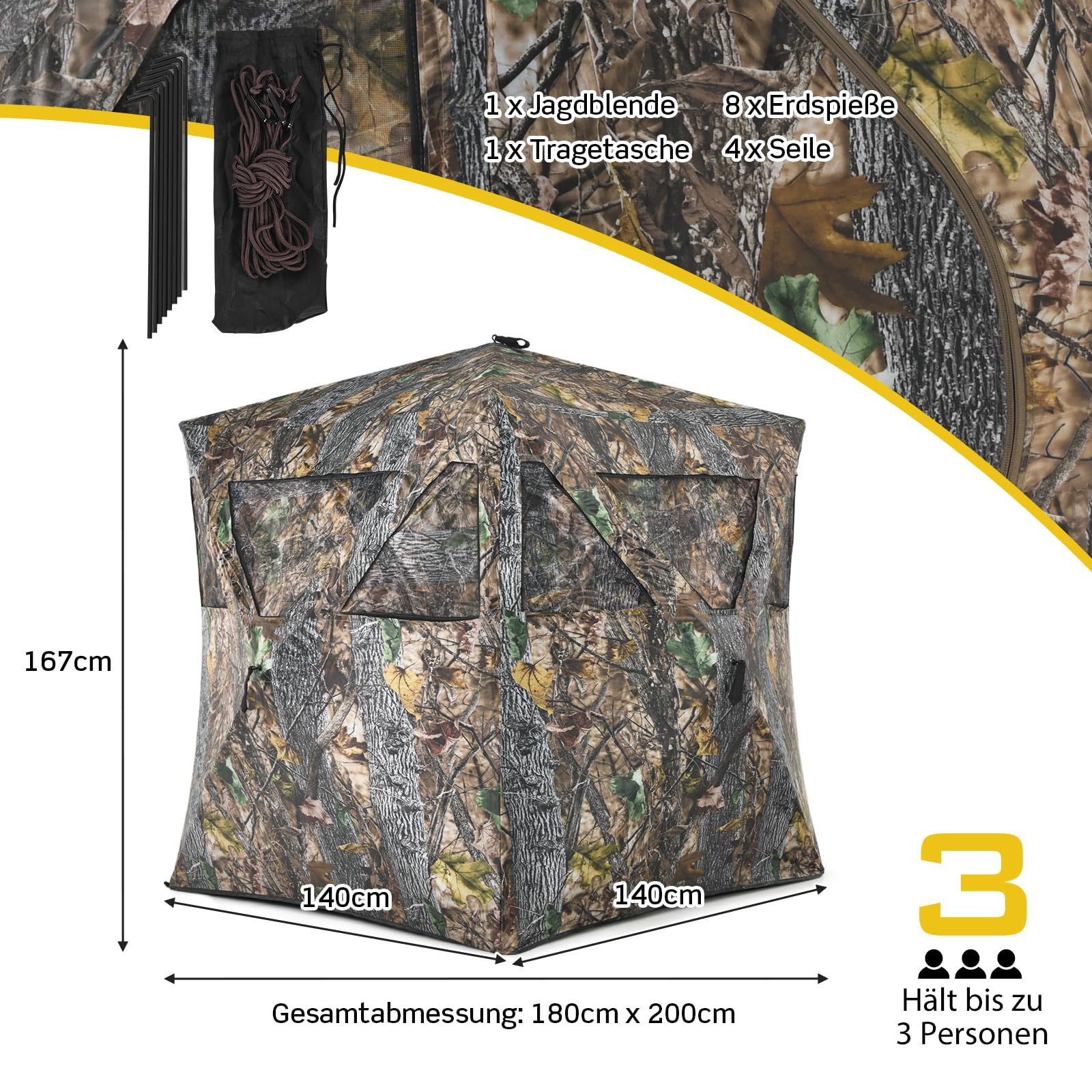 GOPLUS Jachttent, camouflagetent met 270 graden wegwerpzicht, voor 2-3 personen, draagbare pop-up tent met draagtas, camouflage-verstopplaats voor de jacht, natuurfotografie en dierenobservatie
