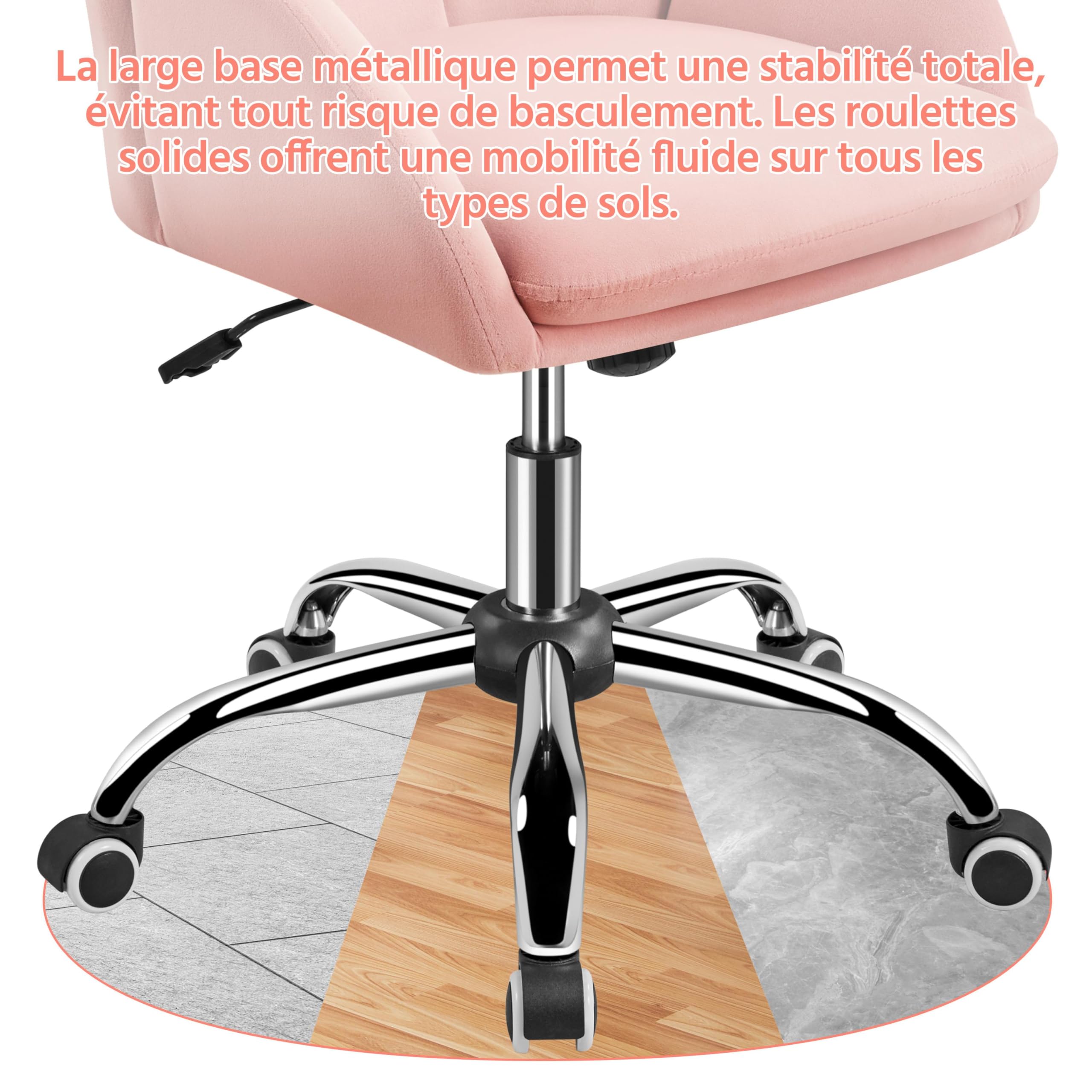Yaheetech Chaise Bureau Design Fleur Fauteuil de Bureau en Velours Hauteur Réglable avec Dossier Arrondi Inclinable pour Chambre Bibliothèque Rose