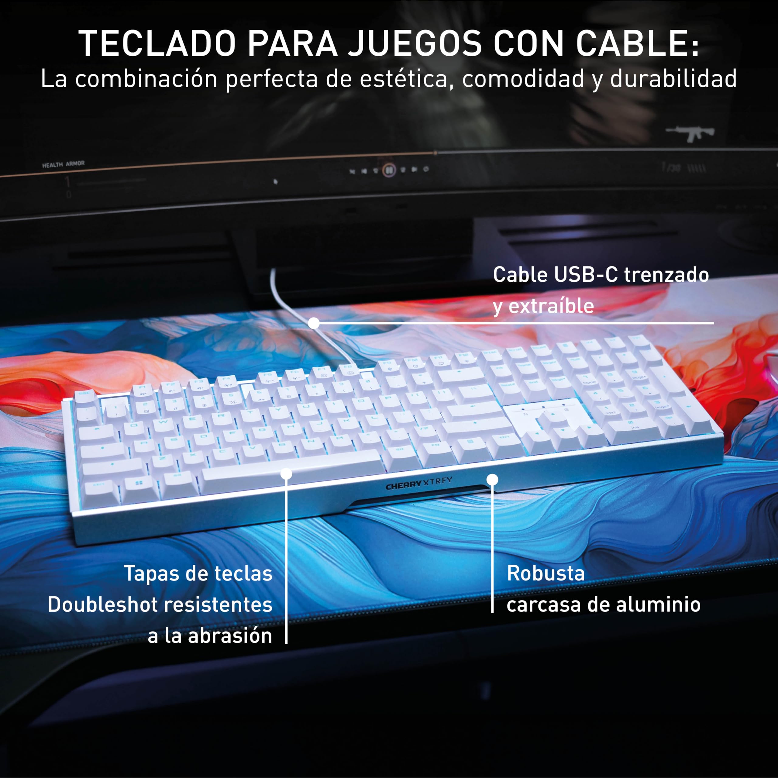 Cherry XTRFY MX 3.1, Teclado Gaming mecánico, distribución de Teclado francés (AZERTY), iluminación RGB, Carcasa de Aluminio, conexión USB-A, switches MX2A Red, Blanco