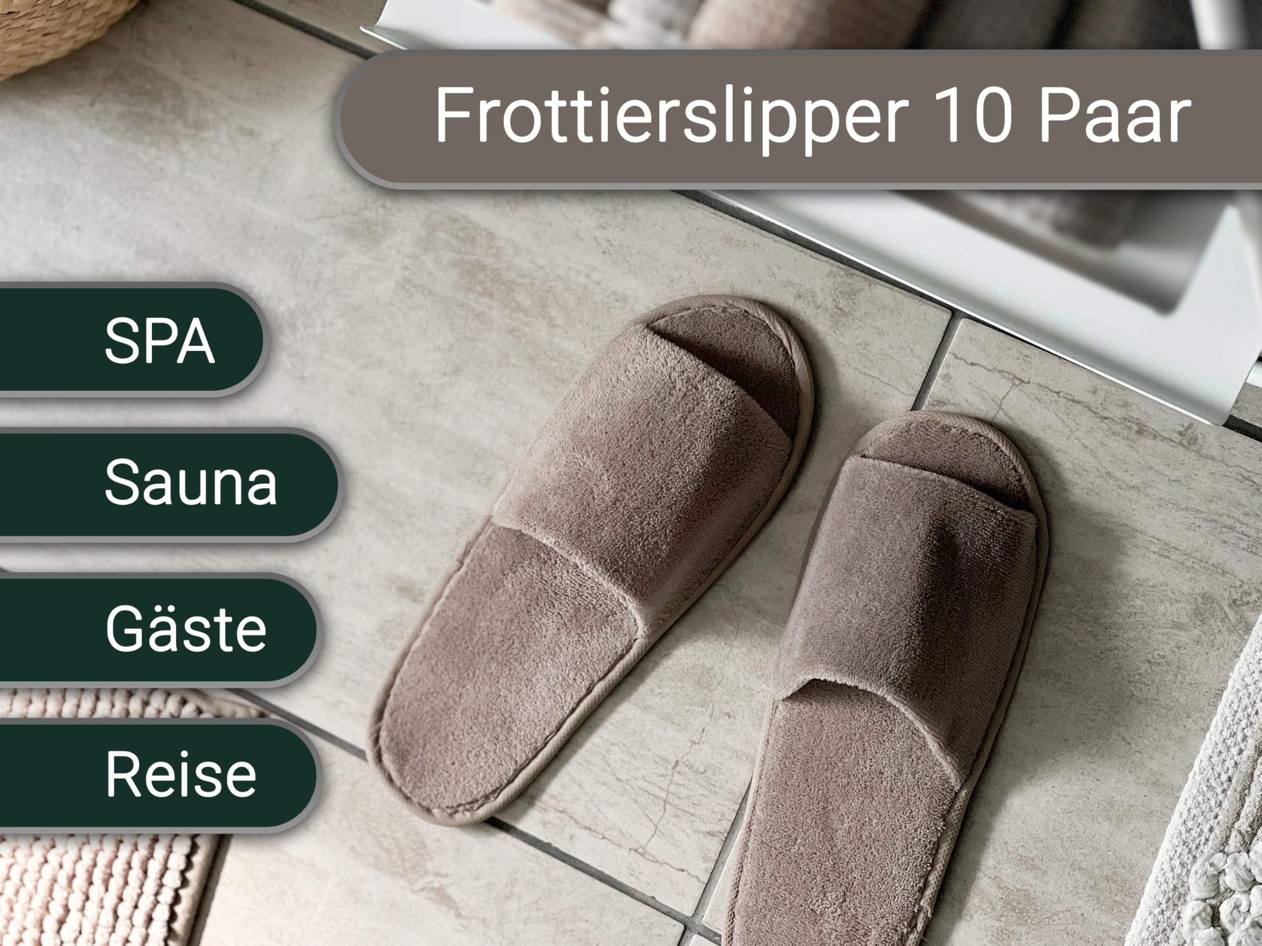 ZOLLNER 10 Paar Einwegslipper Gästehausschuh - Frottierslipper für Reise, Spa, Sauna und Zuhause - rutschhemmende Sohle - offene Spitze - Einheitsgröße - Hotelqualität, 385