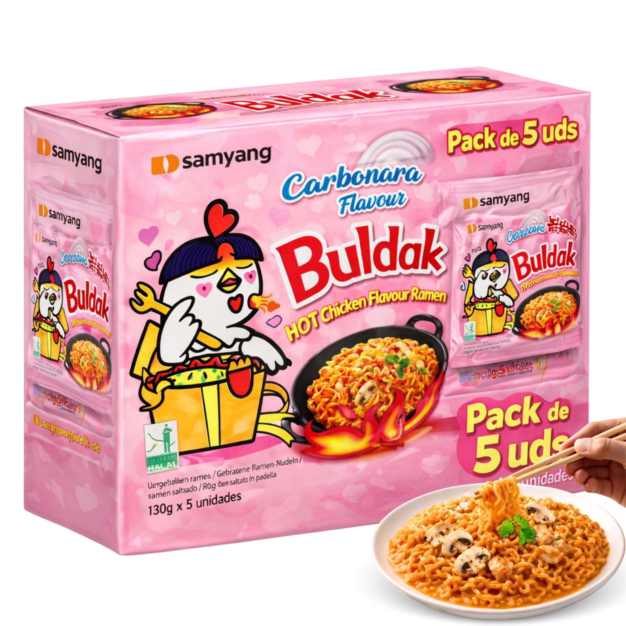 Ramen con fideos salteados con pollo picante Samyang Buldak, Hot Chicken Ramen Carbonara, Hot chicken ramen instantáneo muy rico y picante, Sabor a carbonara, Pack 5 paquetes de 130g cada uno