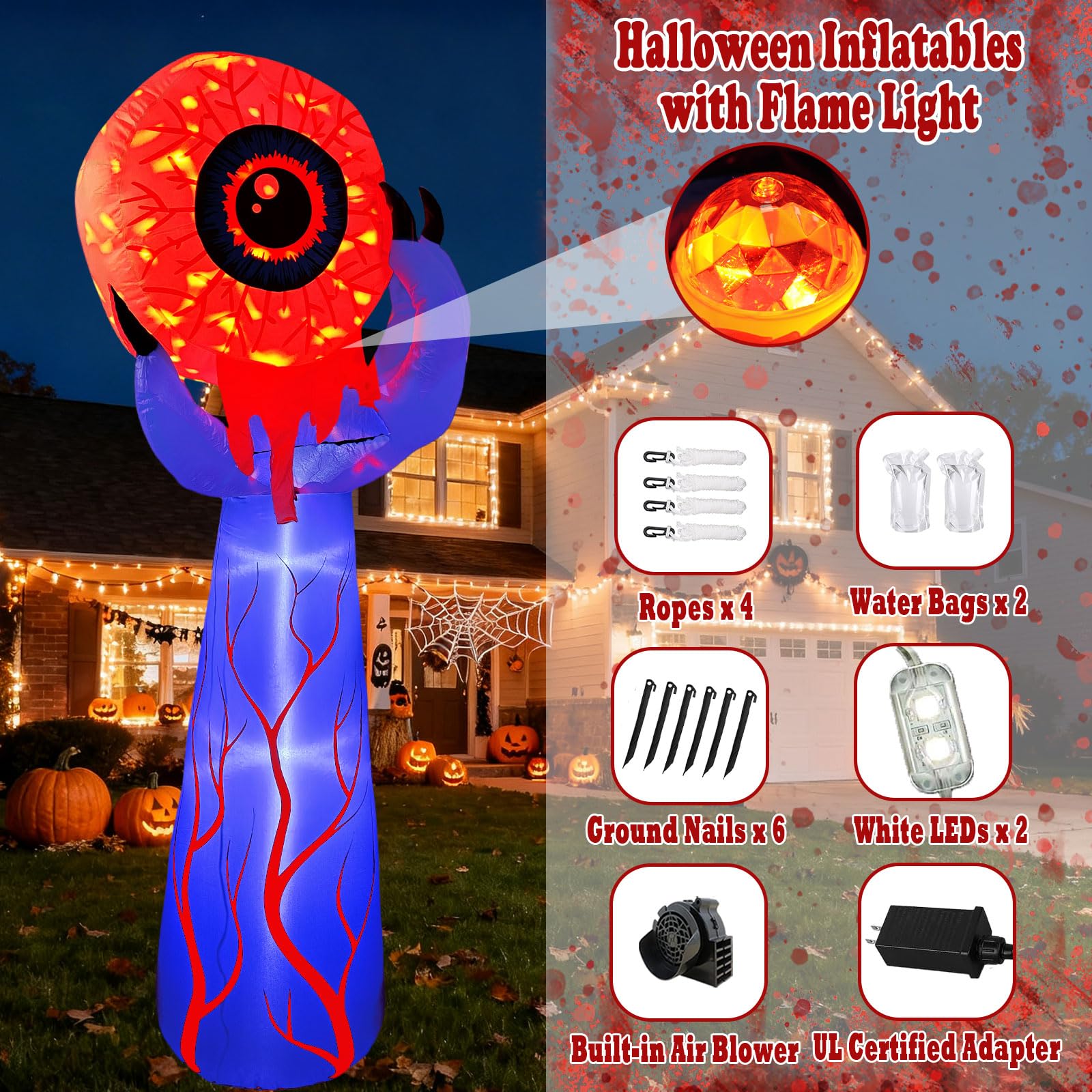 Halloween nadmuchiwane fioletowe dłoń potwora z krwawą gałką oczną - płomień LED, dekoracja na podwórko, upiorne dmuchanie na rekwizyty na imprezę nawiedzonego domu, dekoracja na Halloween
