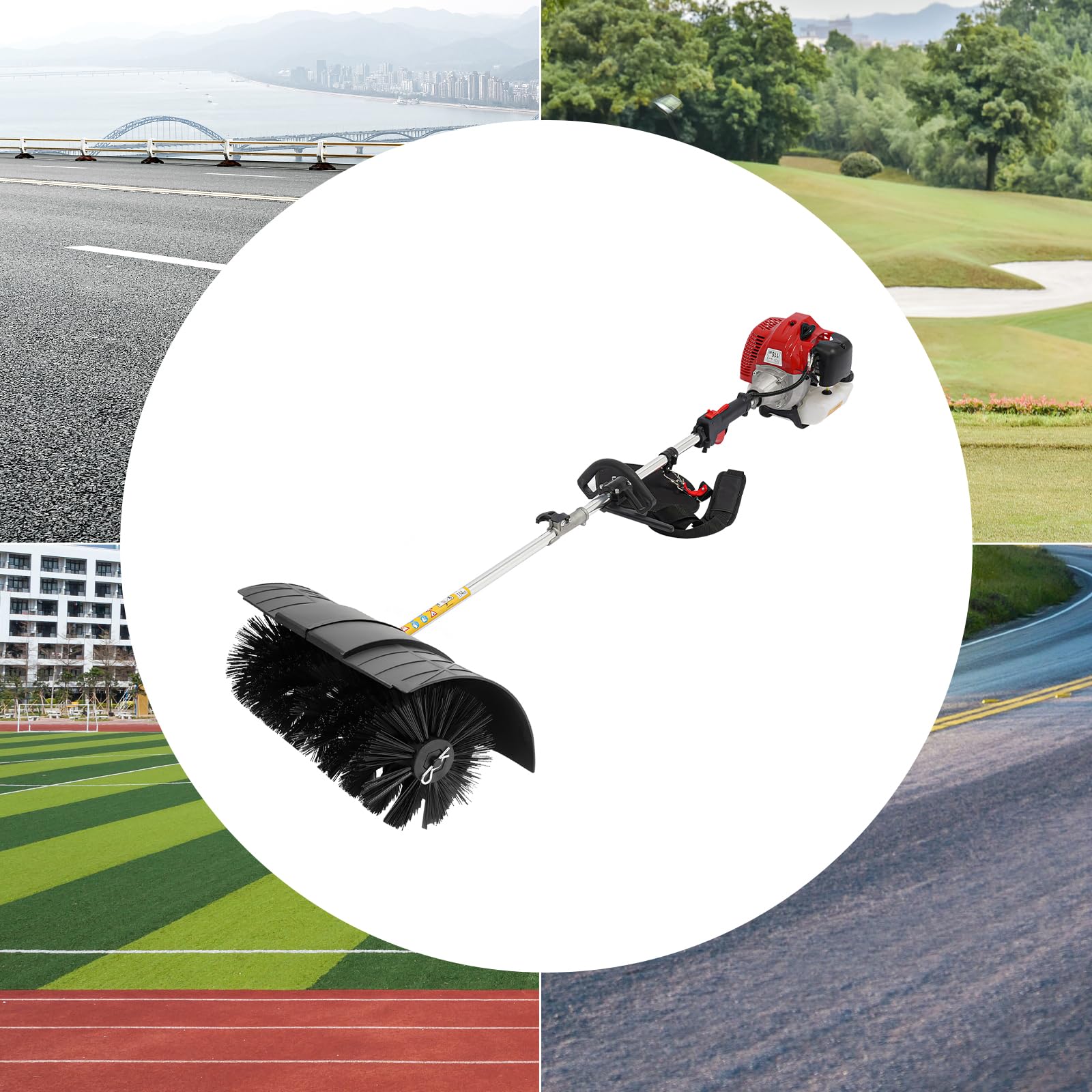52 cm³ Balayeuse à essence, 2,3 CV Balai à essence professionnel, Balai à moteur portable, Balai extérieur pour gazon artificiel et rues, Balai chasse-neige