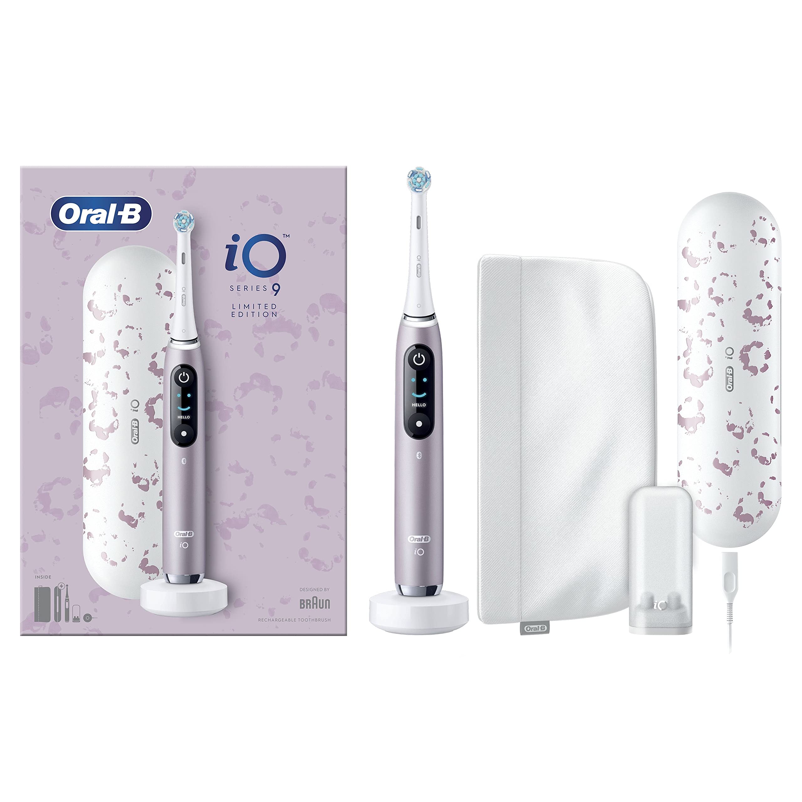 Oral-B iO Series 9 Édition Spéciale, Brosse à dents électrique, Connectée Bluetooth, 7 Modes de brossage, 1 Étui De Voyage, 1 Pochette, Rose Quartz