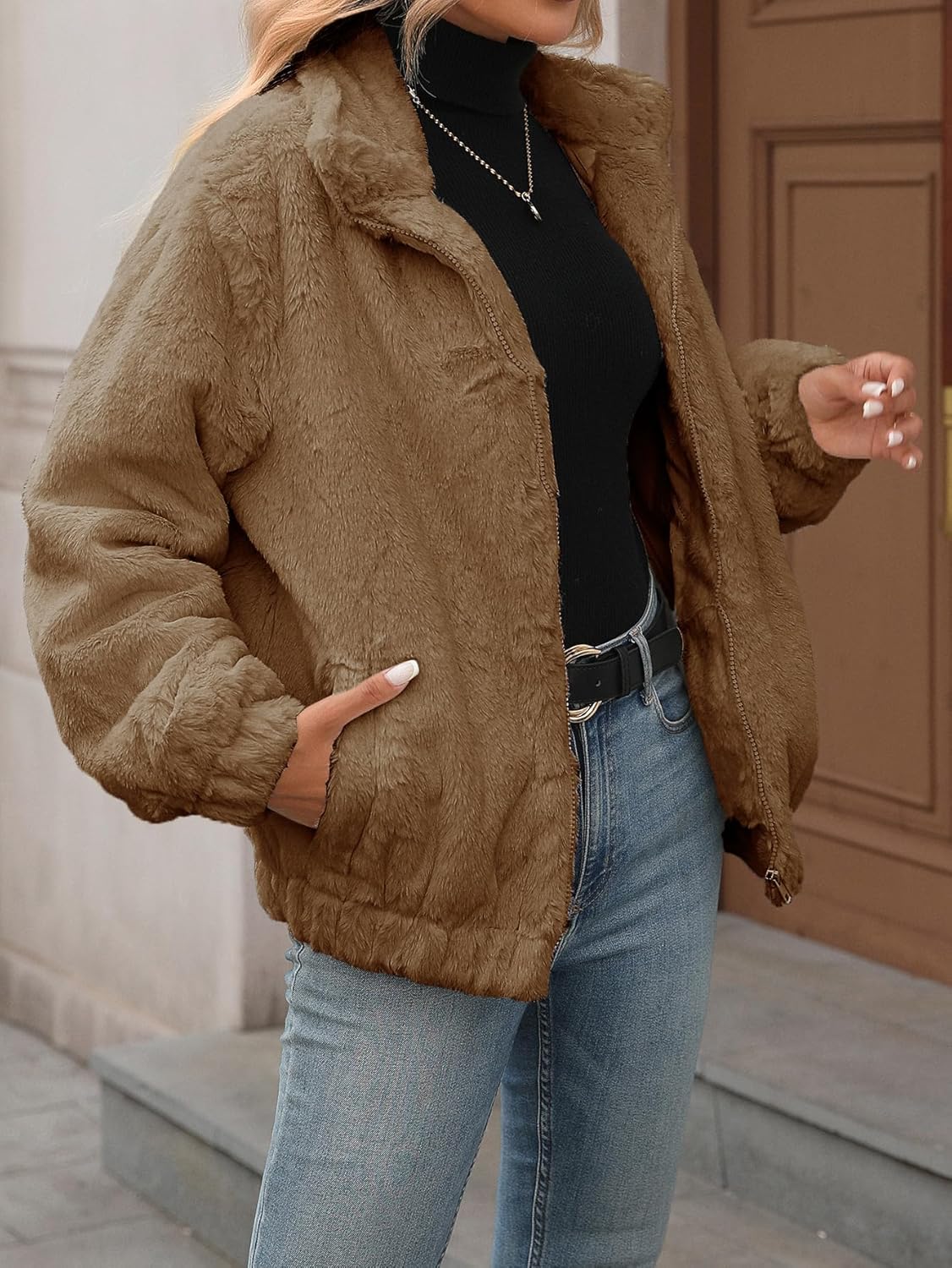 Women's Faux Fur Cropped Coat Fall Winter Warm Fleece Jackets Full Zip Sherpa Jacket - Image 6