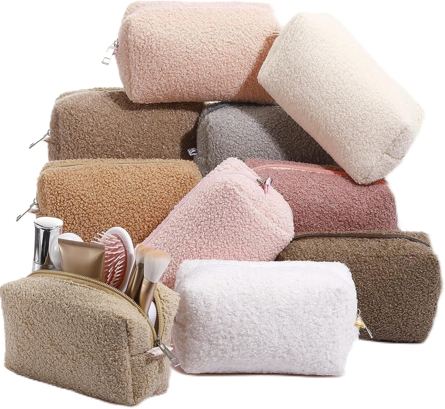 Paterr 10 Pcs Valentine Plush Makeup Bag Bulk Gift for Women Coworkers Preppy Fleece Makeup Pouch Cosmetic Bag Fuzzy Zipper Travel Toiletry Pouch for Wedding Bachelorette(Classic Color)