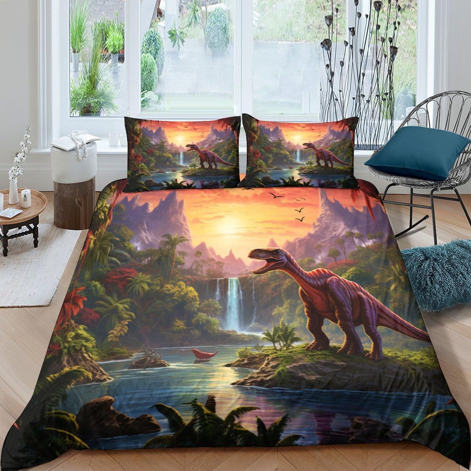 Ctjqhvkz Style-4 3D Printed Dinosaur Sunset Fitted Sheet Microfiber Anti-Slip Bed Cover For Bedroom Guest Room Decoration Single（135X200cm）