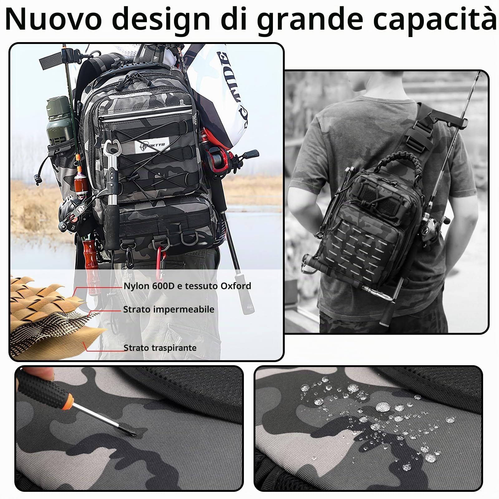 QKTYB Zaino Pesca Grande con Portacanne, Zaino Impermeabile con Cerniere, Borsa da Pesca con Cinghia Imbottita, Multitasche in Tessuto Oxford per Escursionismo, Caccia e Viaggi (45×30×25cm)