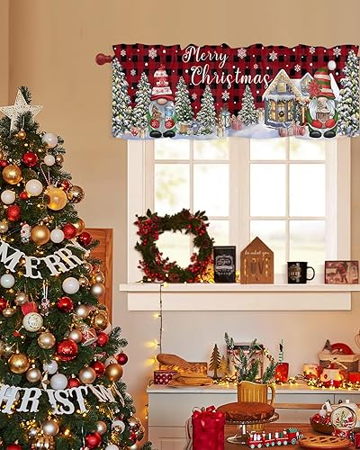 Miniatura 3 de Cenefas de Navidad para ventanas de cocina, diseño de búfalo rojo, árbol de Navidad, cabaña, gnomo, alce, cenefa con bolsillo para barra, cortina de