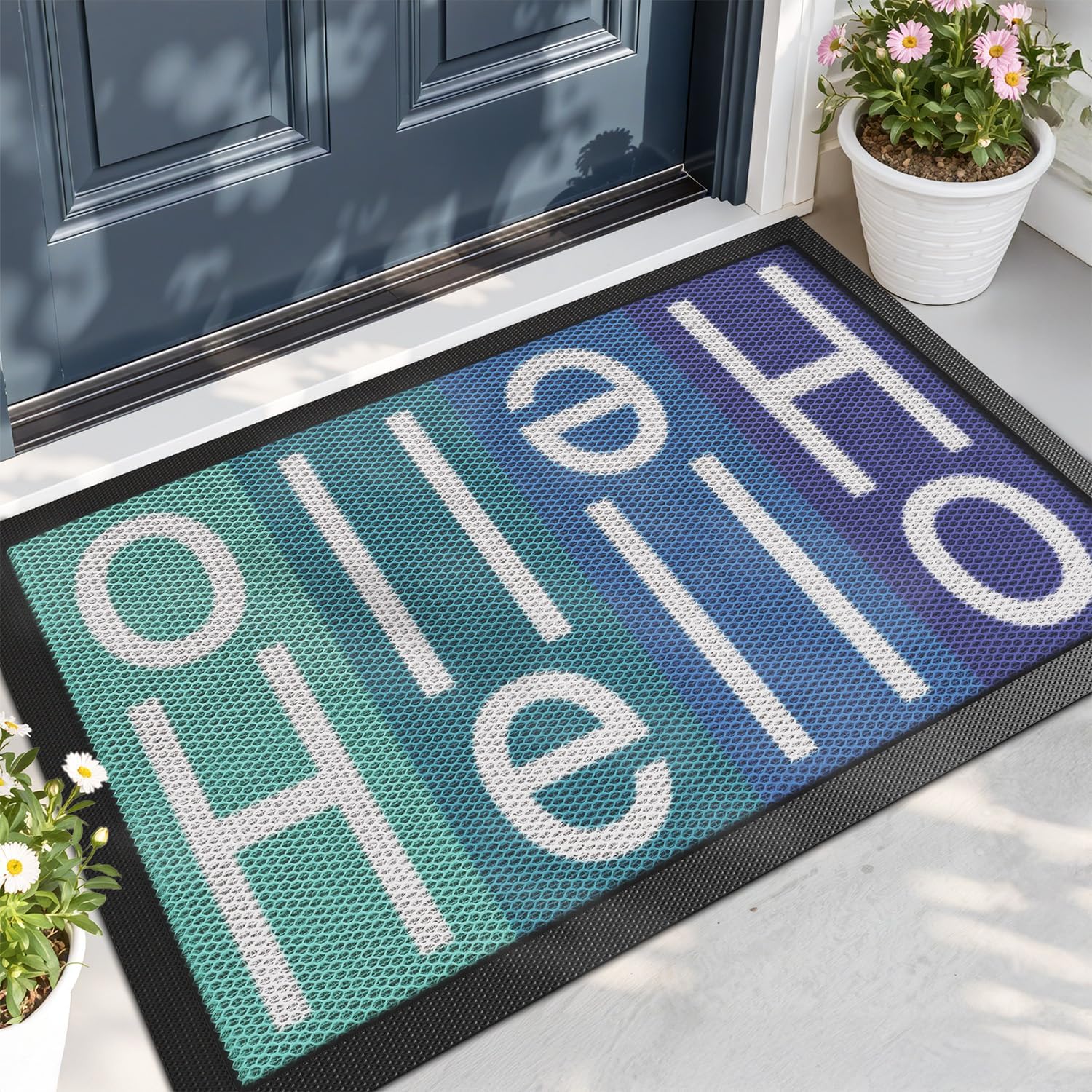 LUMI Outside Welcome Door Mat 24x36, Non Slip Durable Rubber Entrance Doormat, Low Profile Easy Clean Mats for Front Back Door Entryway Porch Garage, Hello Multi