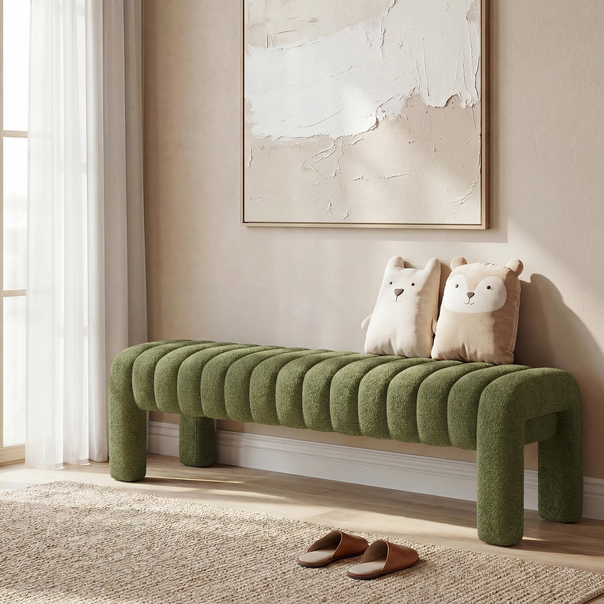 Scingu 63” Dining Room Bench, Green Tufted Upholstered End of Bed Bench (Boucle)