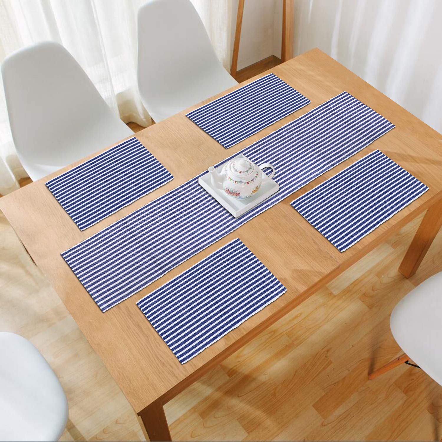 HOKIPO Blue Ribbed Placemats & Table Runner -1