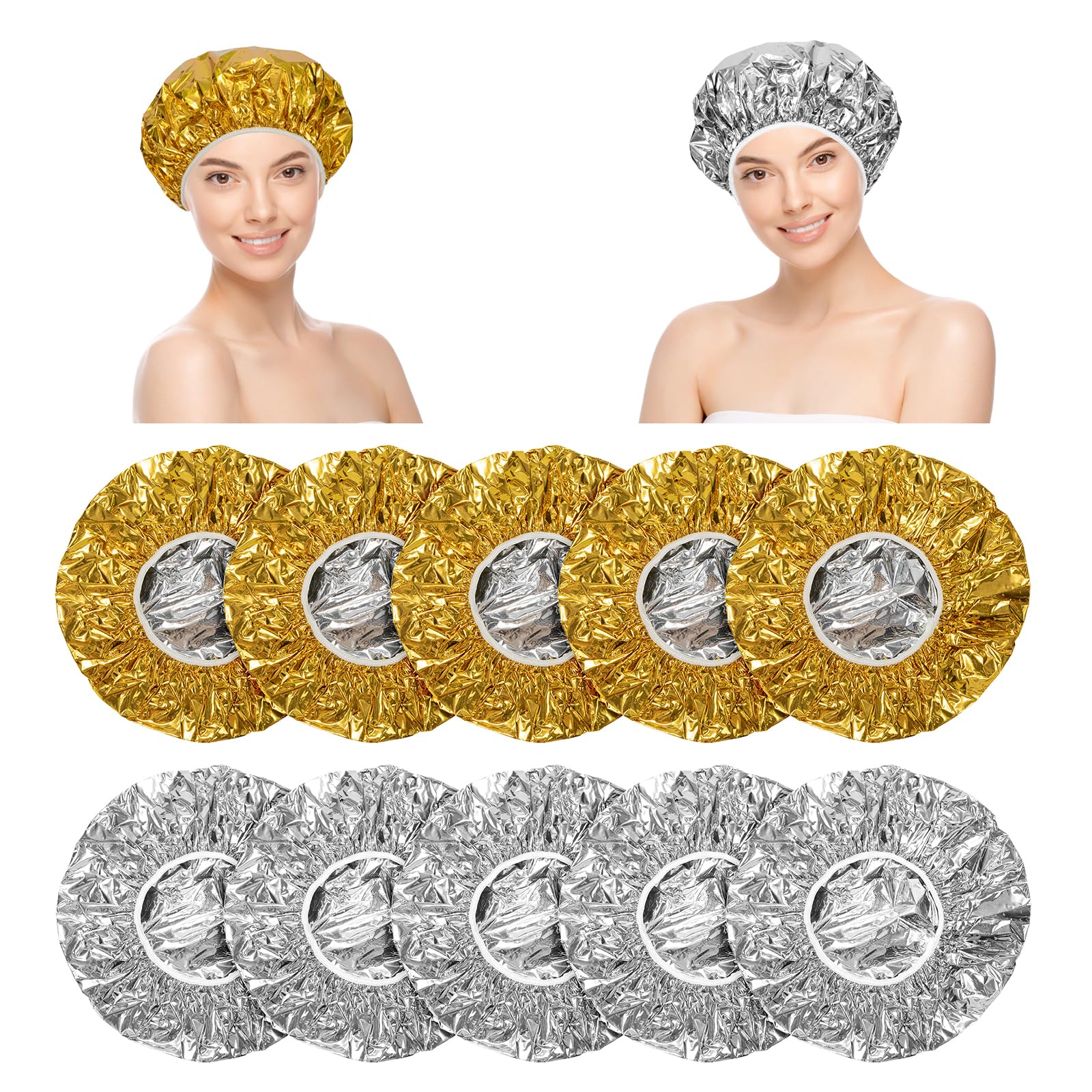 Gorros de Ducha de Papel de Aluminio para Acondicionamiento Profundo Reutilizable Gorro para el Cabello Gorro para Teñir el Cabello a Prueba de Agua (5 Dorados 5 Plateados)