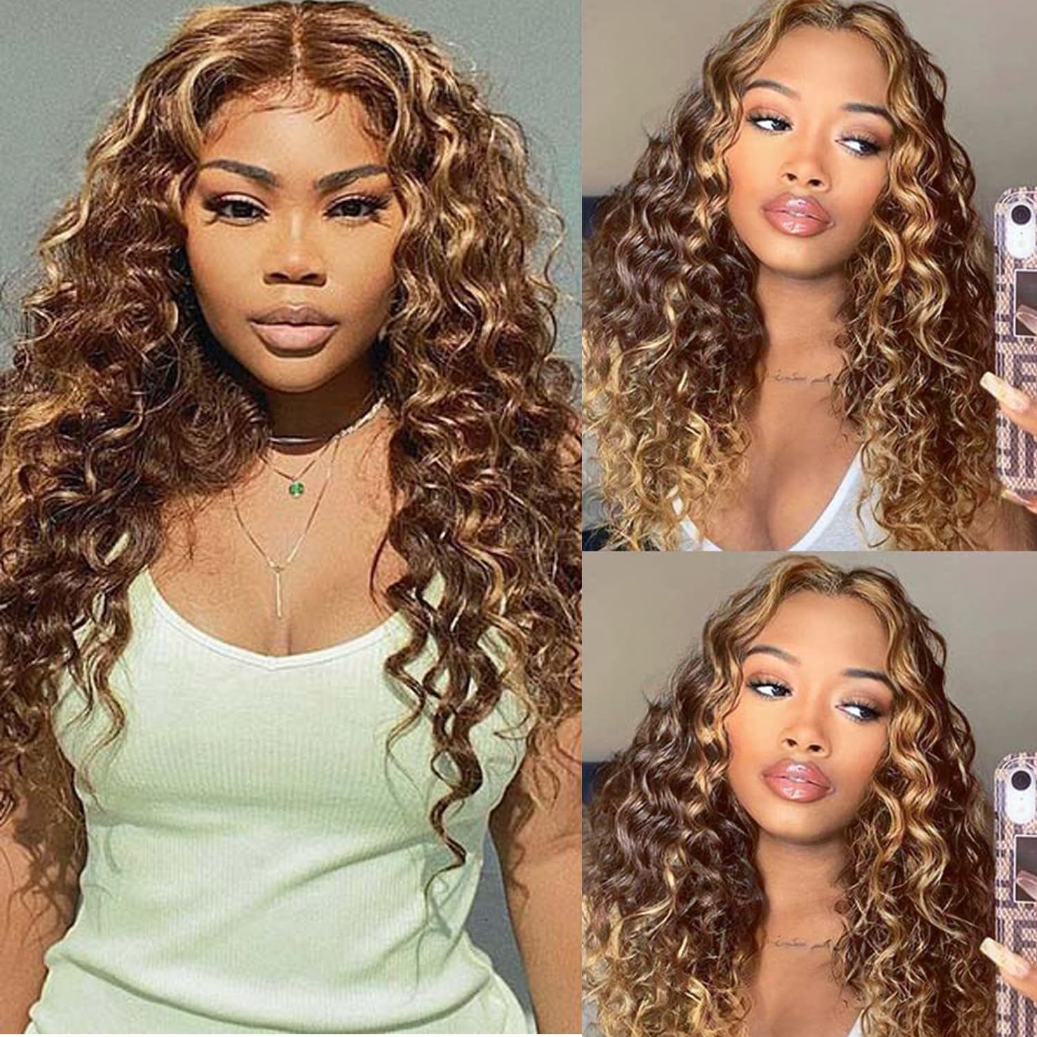 Highlight Brazilian Human Hair Bundles with Closure (12/14/16+12inch) Unprocessed Loose Deep Wave 3 Bundles Human Hair with 4x4 Swiss Lace Closure Pre Plucked, Ombre Honey Blonde Brown Curly Bundles