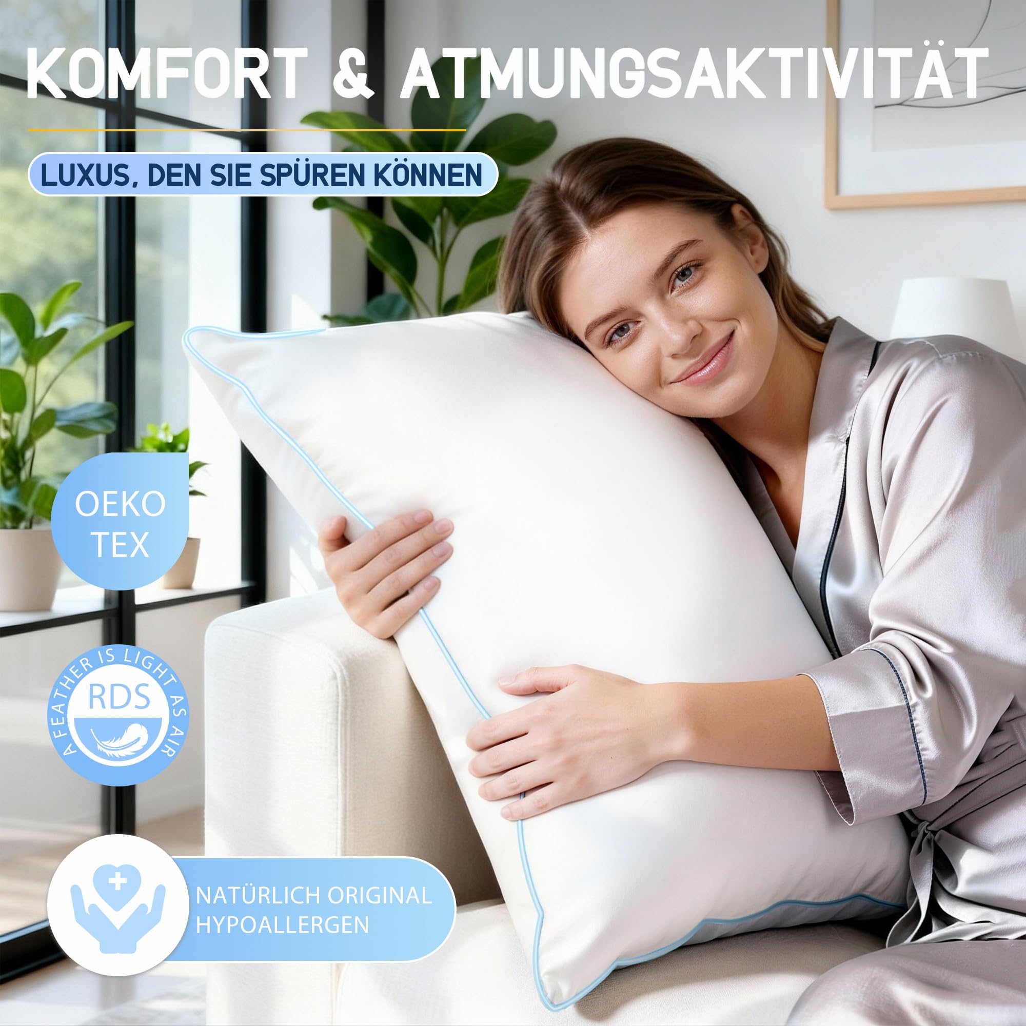 Kopfkissen 40x80 Daunenkissen Federkissen - Kissen 40x80 cm Daunen und Federn Bettkissen in Hotelqualität - 3-Kammer Daunenkissen Schlafkissen Ökotex-Zertifiziert - Schlaf wie auf Wolken