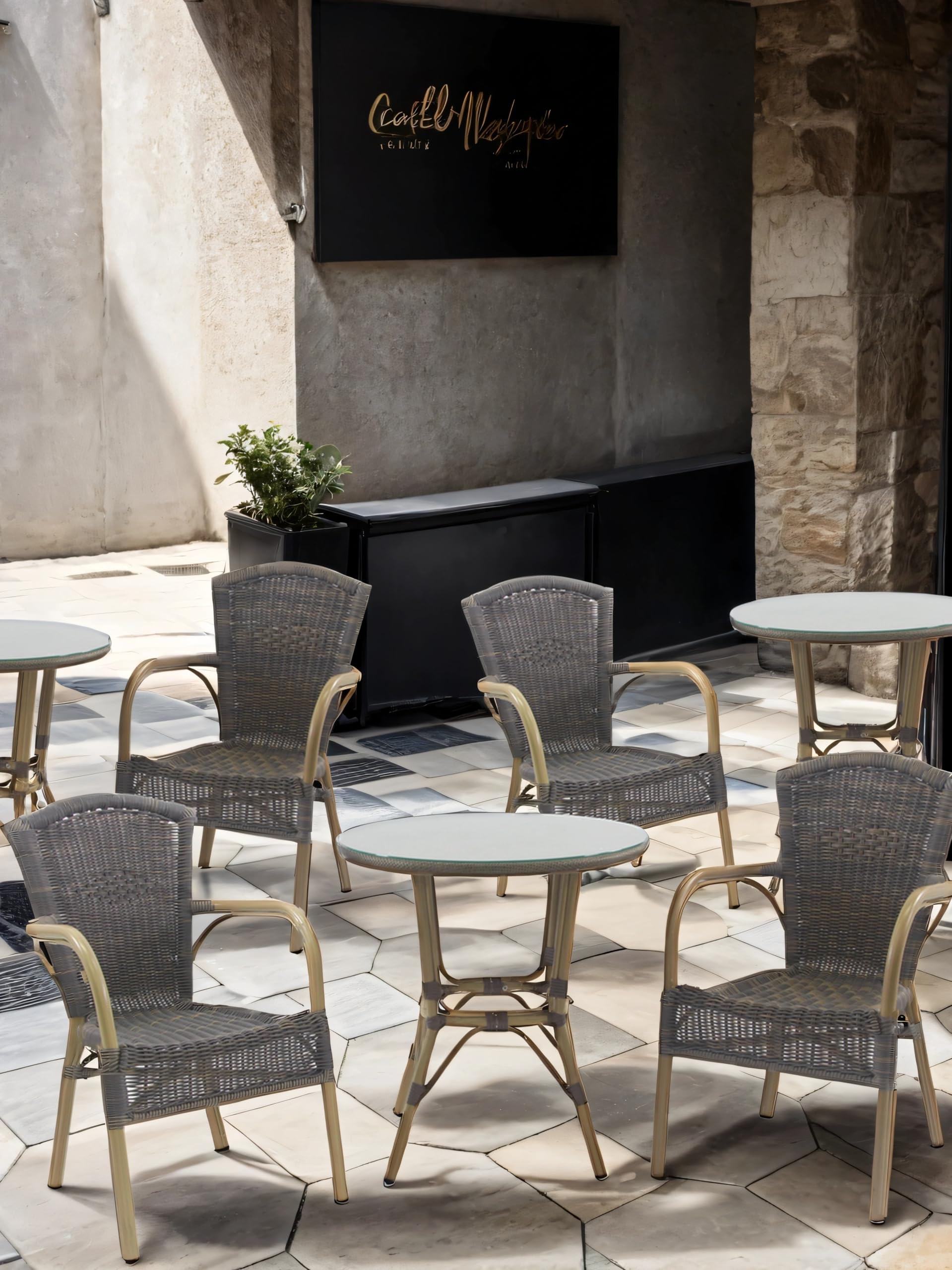 METRO Professional Silla de Jardín con Reposabrazos con Aspecto de Bambú, Acero/Ratán Sintético, Apilable, Sillón para Exterior, Marrón