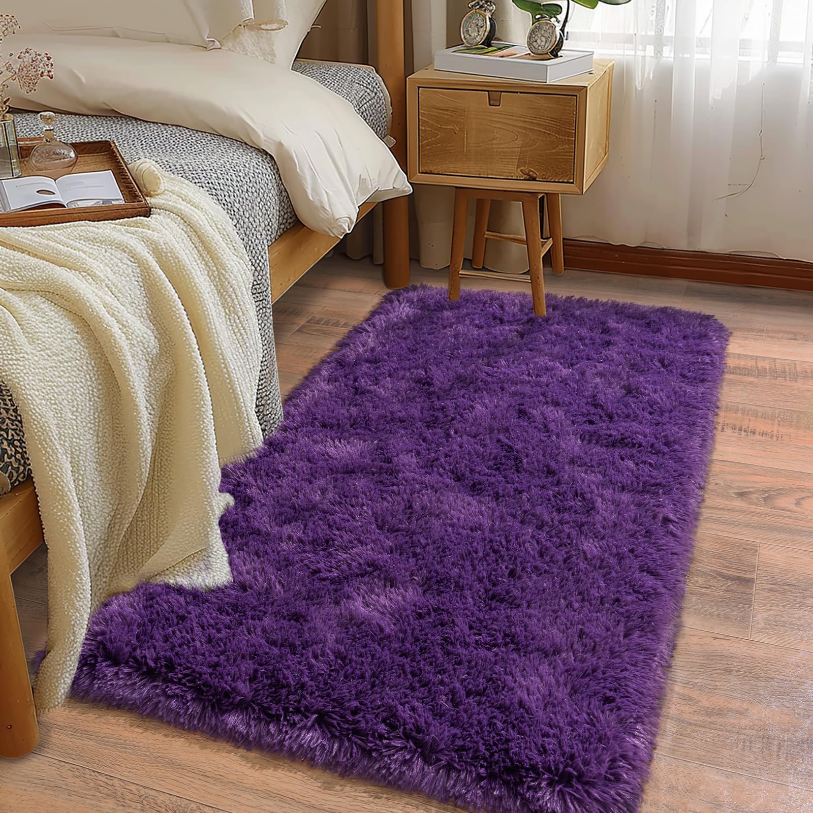Ailyei Soft Runner Rugs for Bedroom Hallways, 2x4 Purple Fluffy Shag Throw Area Rug Non Slip for Bedside Dorm, Long Shaggy Furry Carpet for Nursery